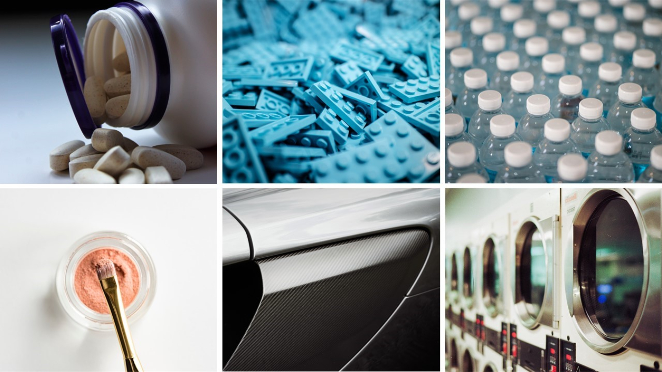 Many common products developed from petrochemicals can be supplemented or developed with biomass feedstocks. Pictured above and moving clockwise from the upper left are products that can be derived from biomass. These include food additives or nutritional