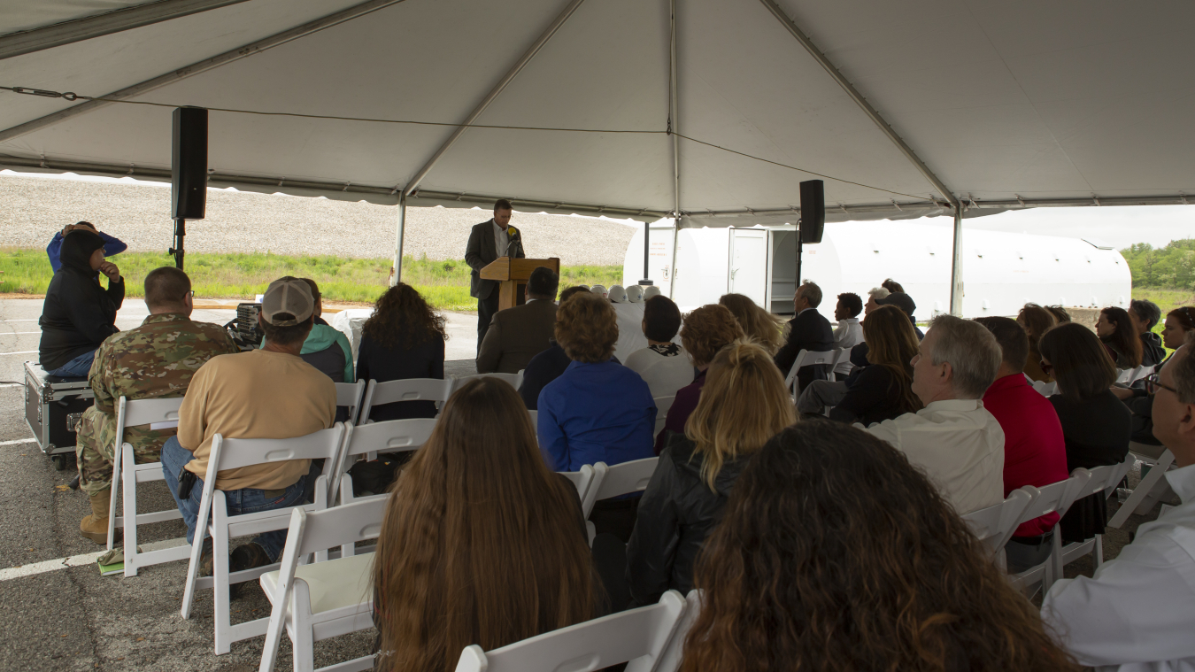 Community members gather for presentations at the groundbreaking for the new Weldon Spring Interpretive Center.