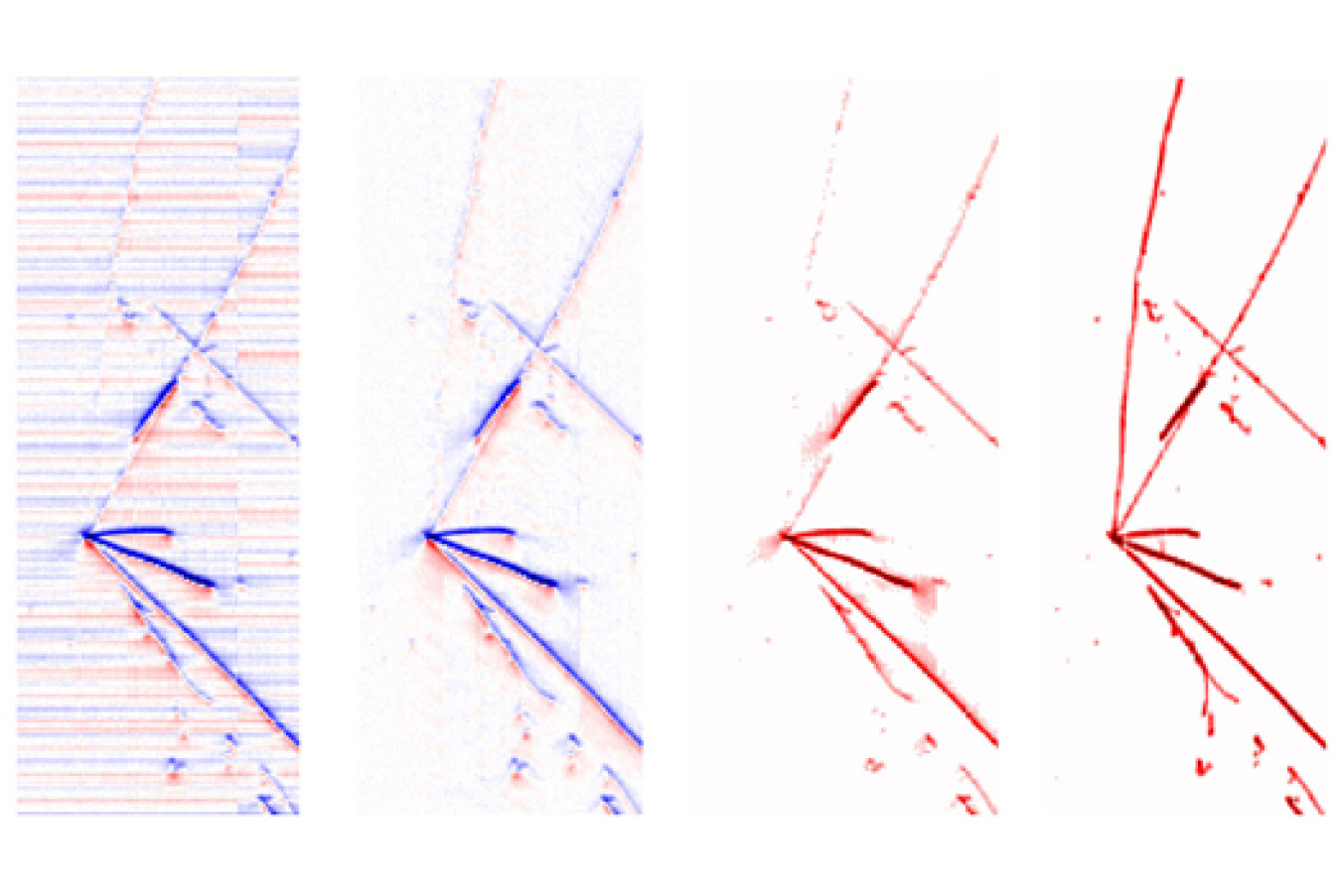 Two-dimensional images of a neutrino interaction in MicroBooNE shown at different stages of signal processing reveal cleaner and cleaner signals.