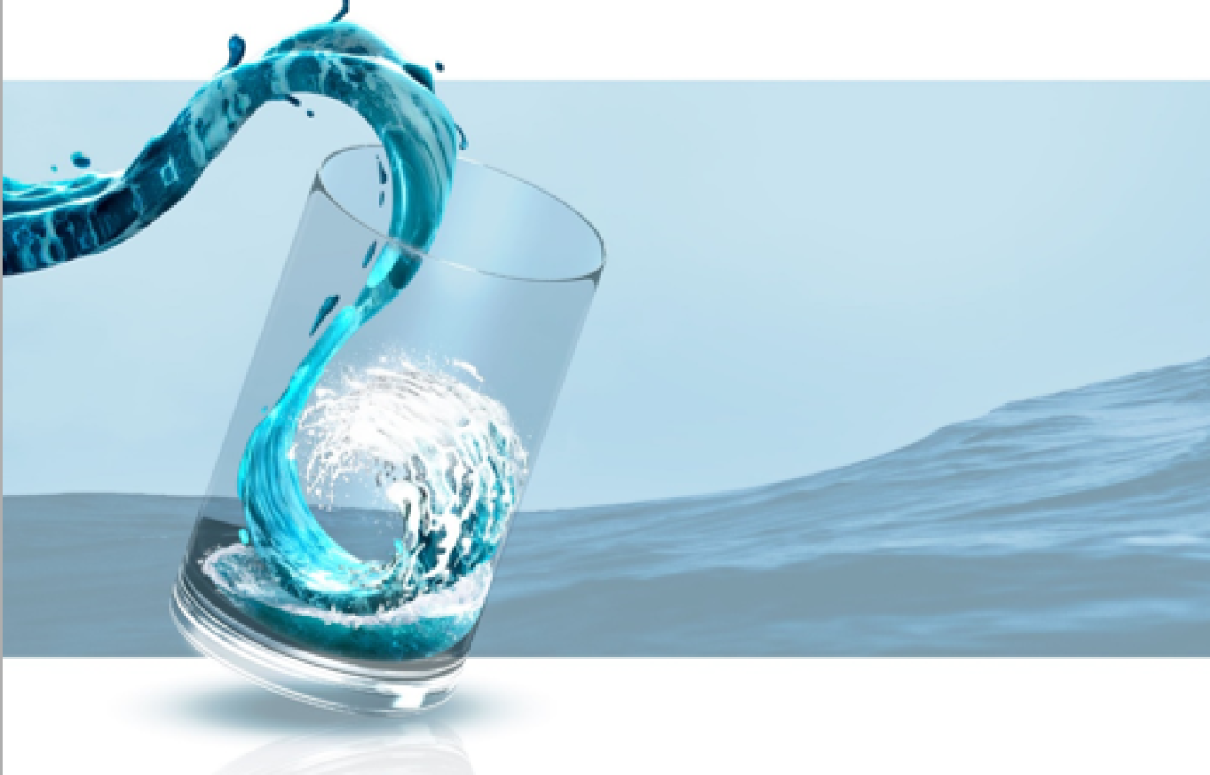 An illustration of a wave of water filling a glass with ocean waves in the background.
