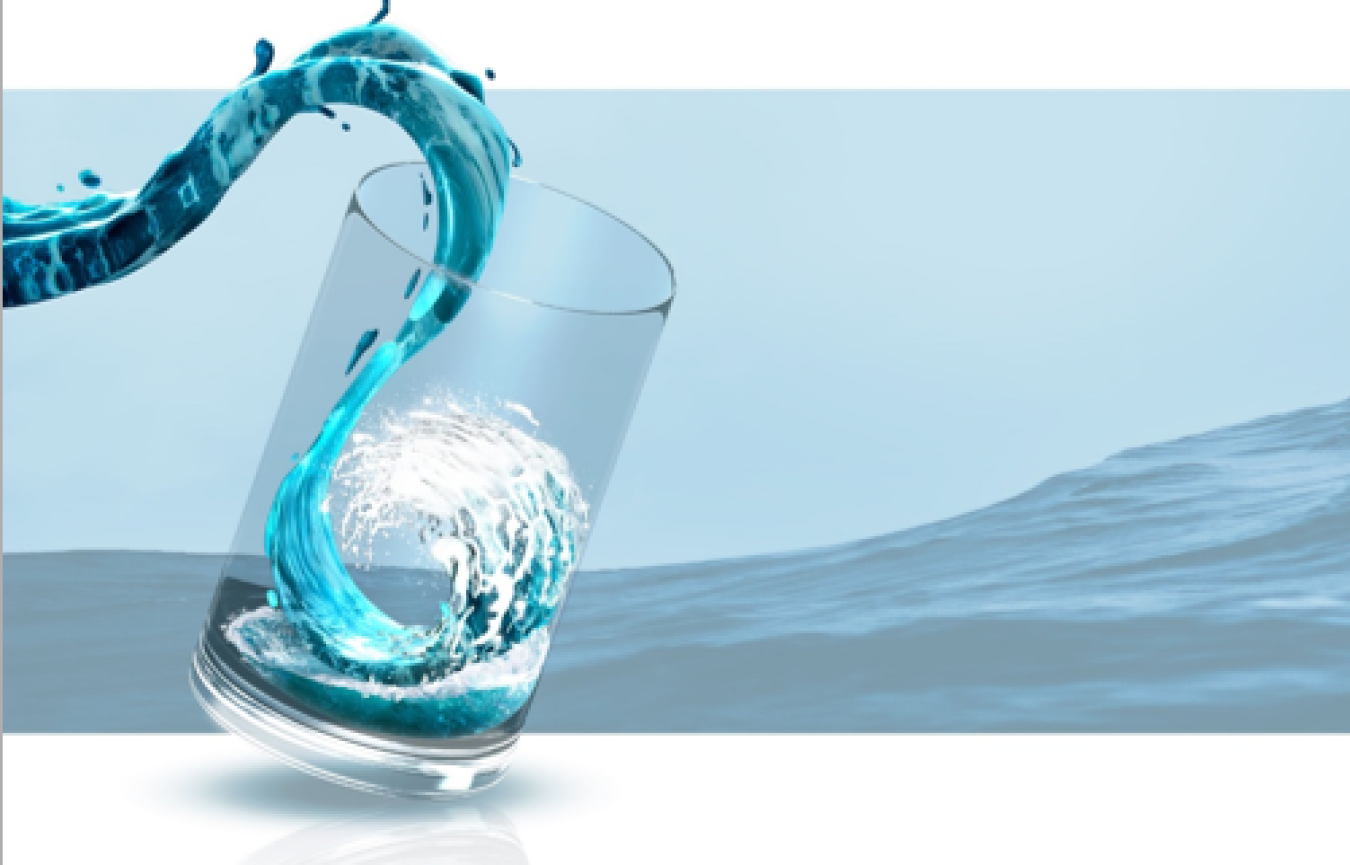 An illustration of a wave of water filling a glass with ocean waves in the background. 