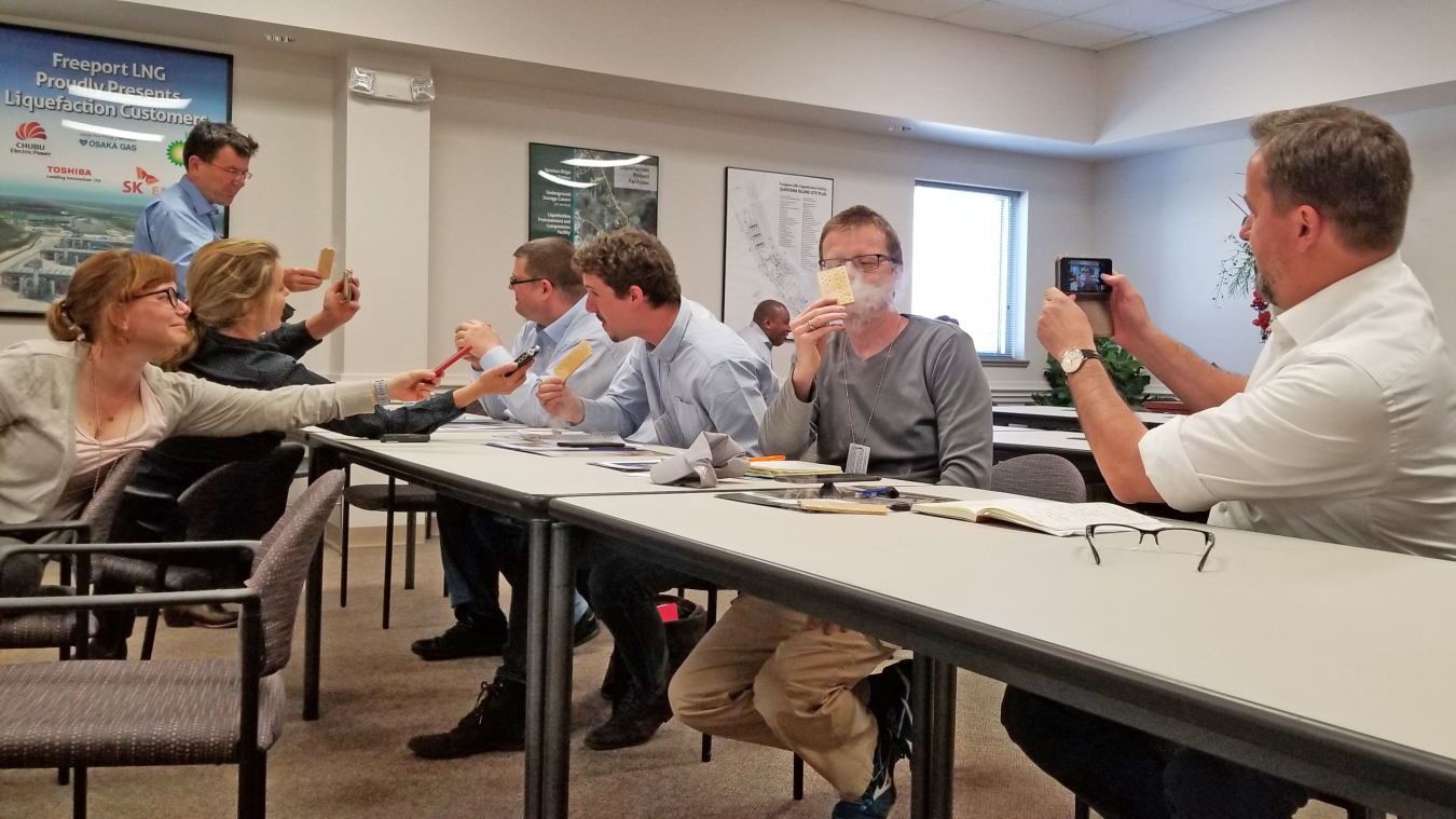 At Freeport LNG, the reporters learned about the physical properties of liquefied natural gas via a LNG “magic show”, how a liquefaction plant works, and also DOE’s regulatory role in LNG exports.