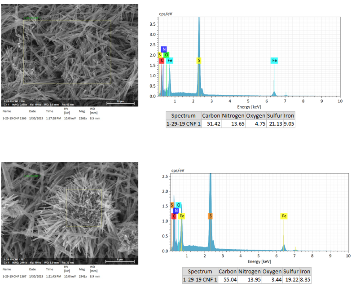 Two images and graphics side by side: Abundance of carbon nano rods and spectral analysis of elements.