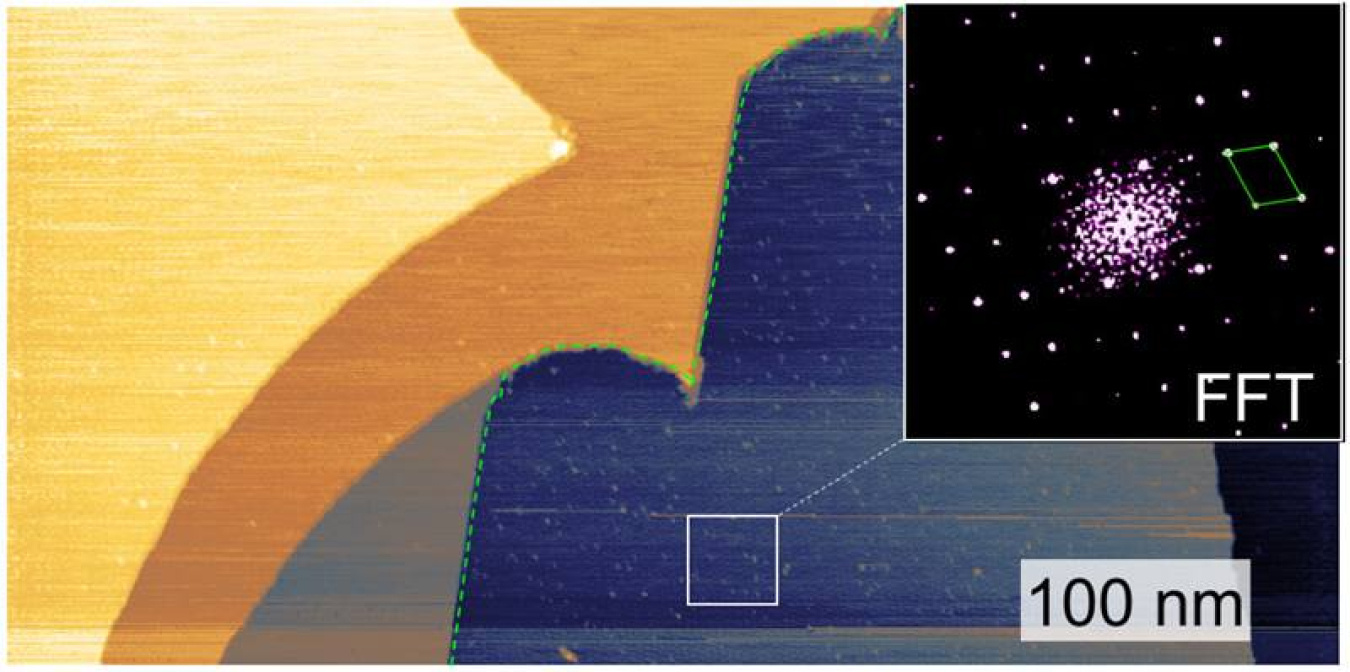 A boron-containing phase (borophene) (dark blue) is shown on a copper substrate. The inset (top right) illustrates a diffraction pattern (of the area marked by the white square inside the borophene domain) that confirms it’s a new phase.