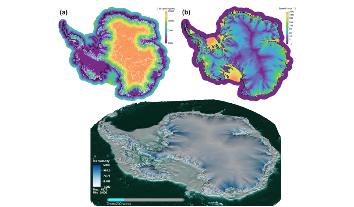 Screenshots from the MALI and BISICLES computer models simulating what the Antarctic ice sheet would look like and how fast ice would move 200 years after the ice sheet’s floating ice shelves have disintegrated. 