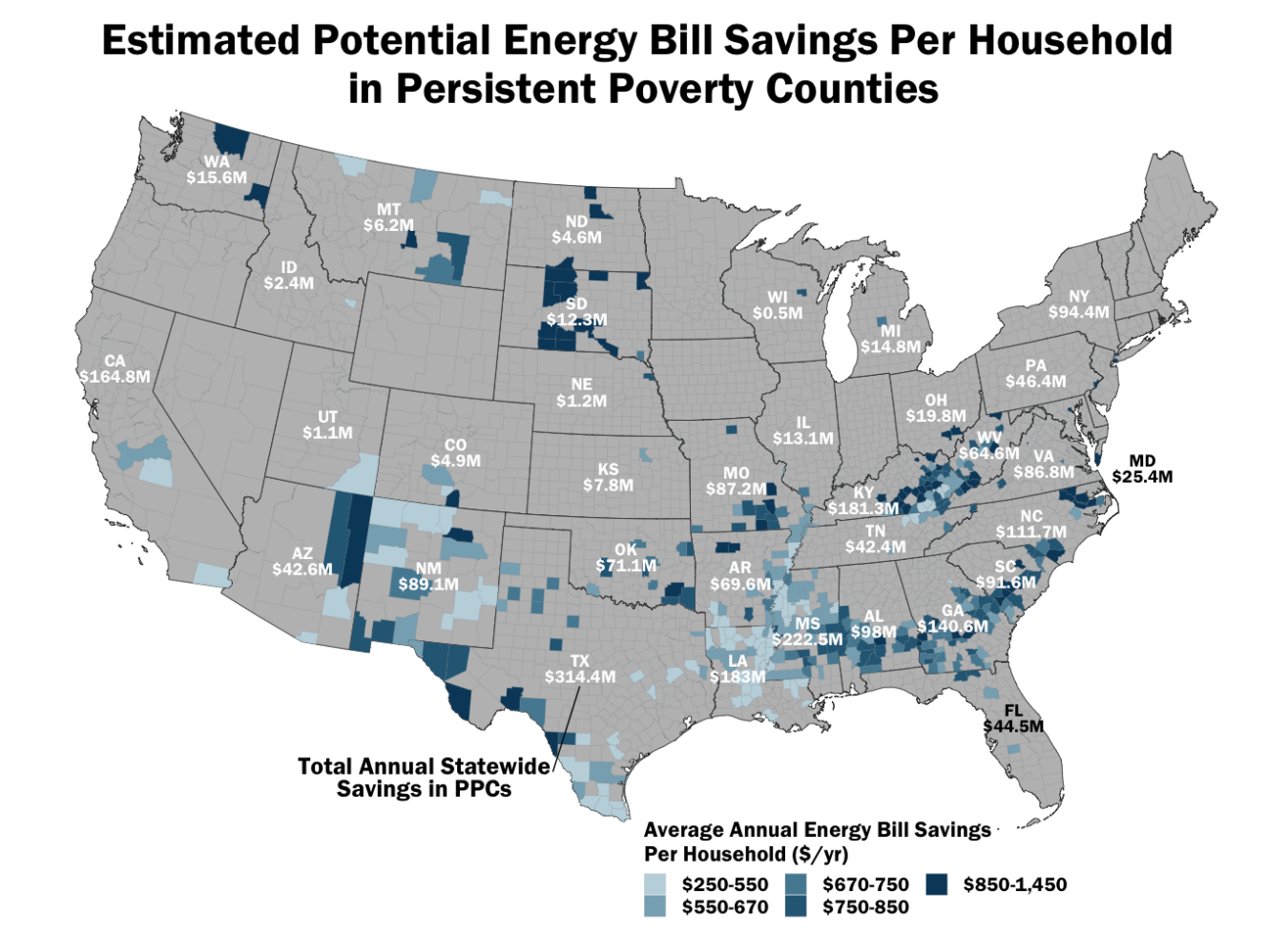 Map showing estimated potential energy bill savings per household in persistent poverty counties.