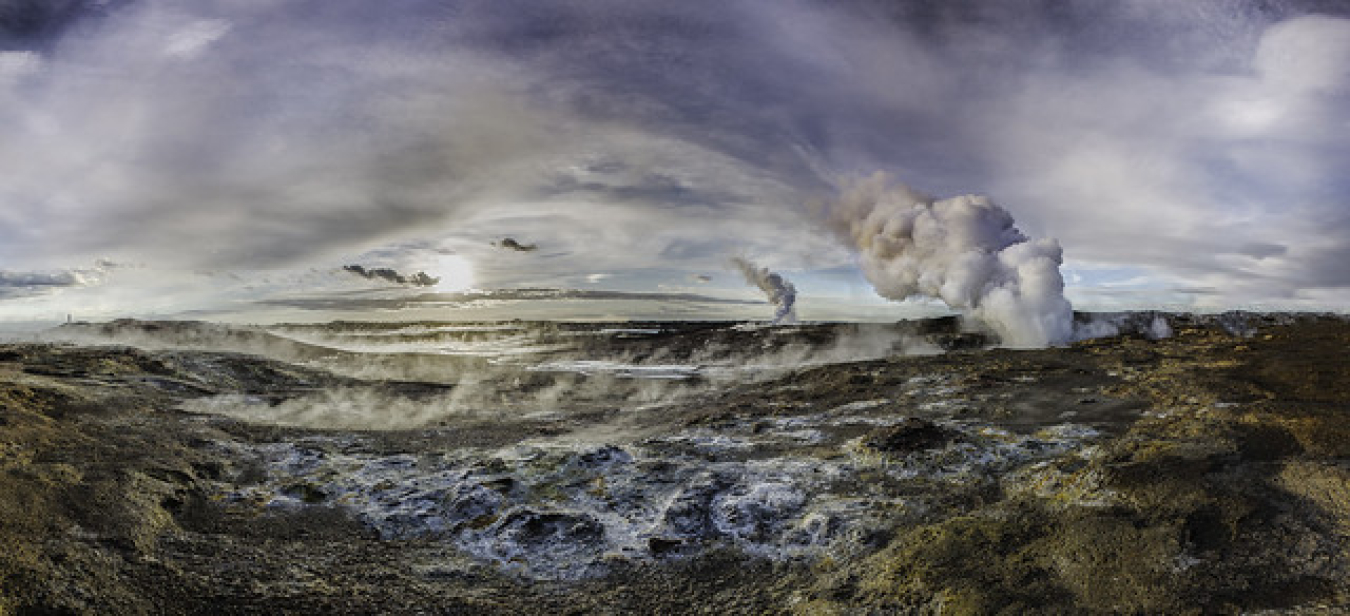 Sunset over geothermal field.