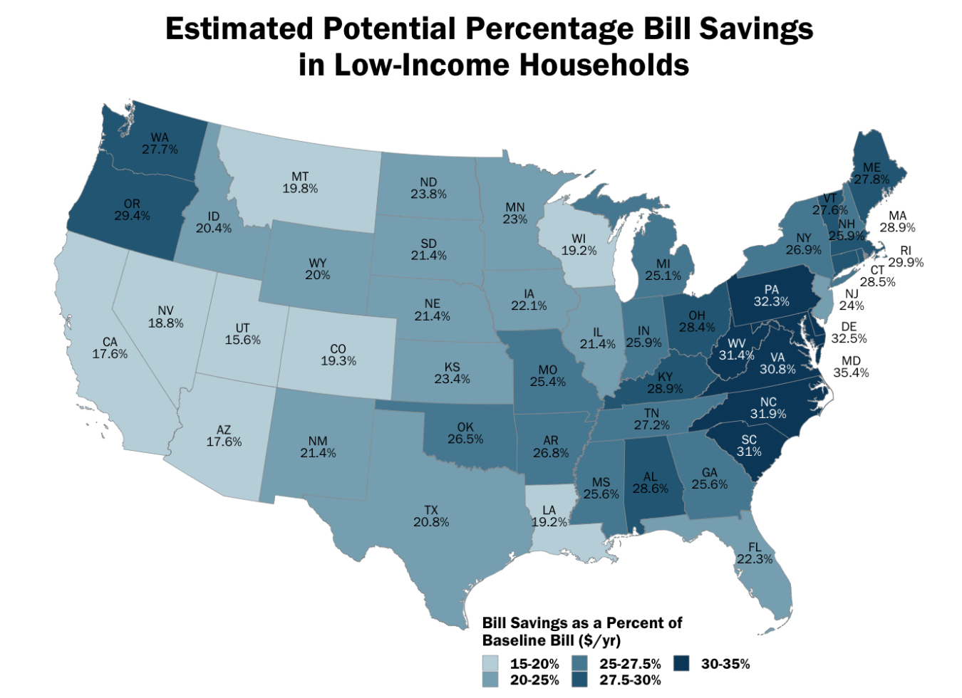 Map of estimated potential percentage bill savings in low-income households.