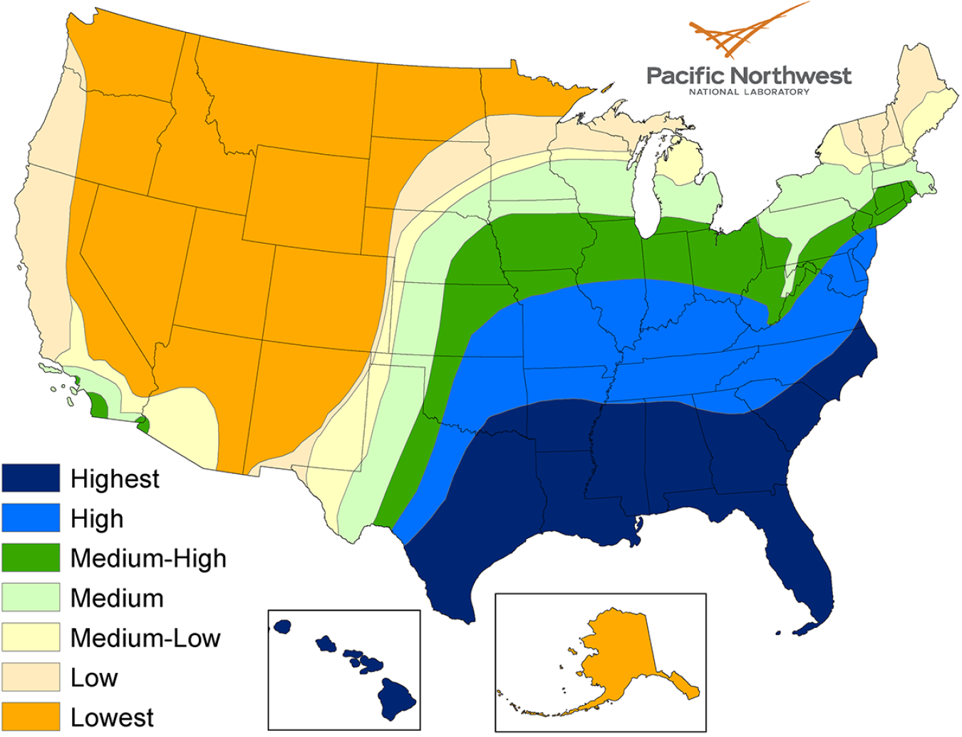 A map showing the potential condensate for different areas of the United States.