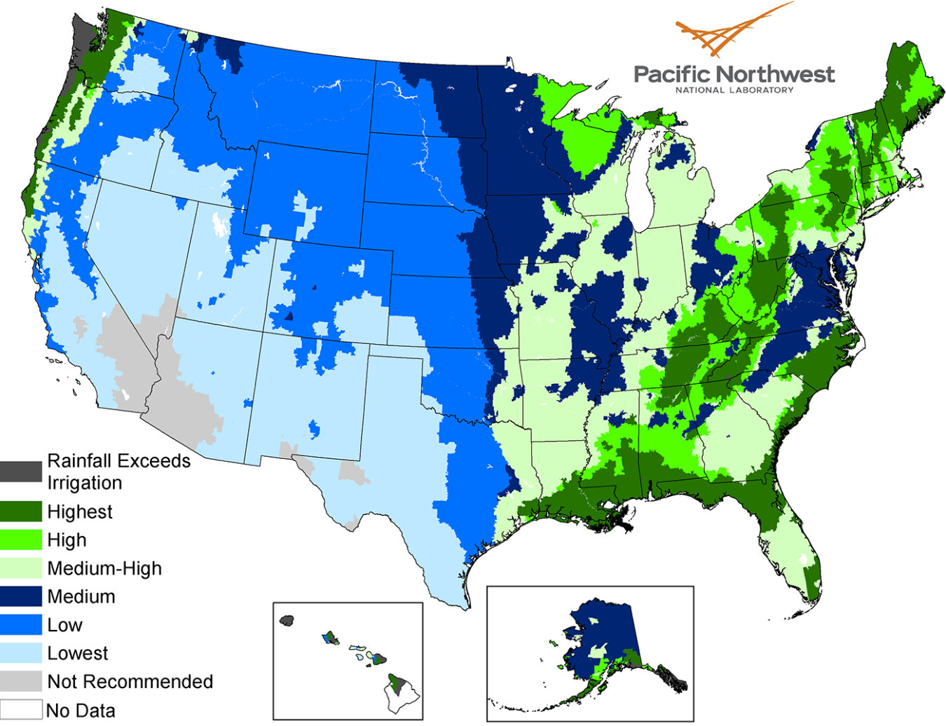 A map of the United States shows the locations of rainwater availability specifically for landscape irrigation.