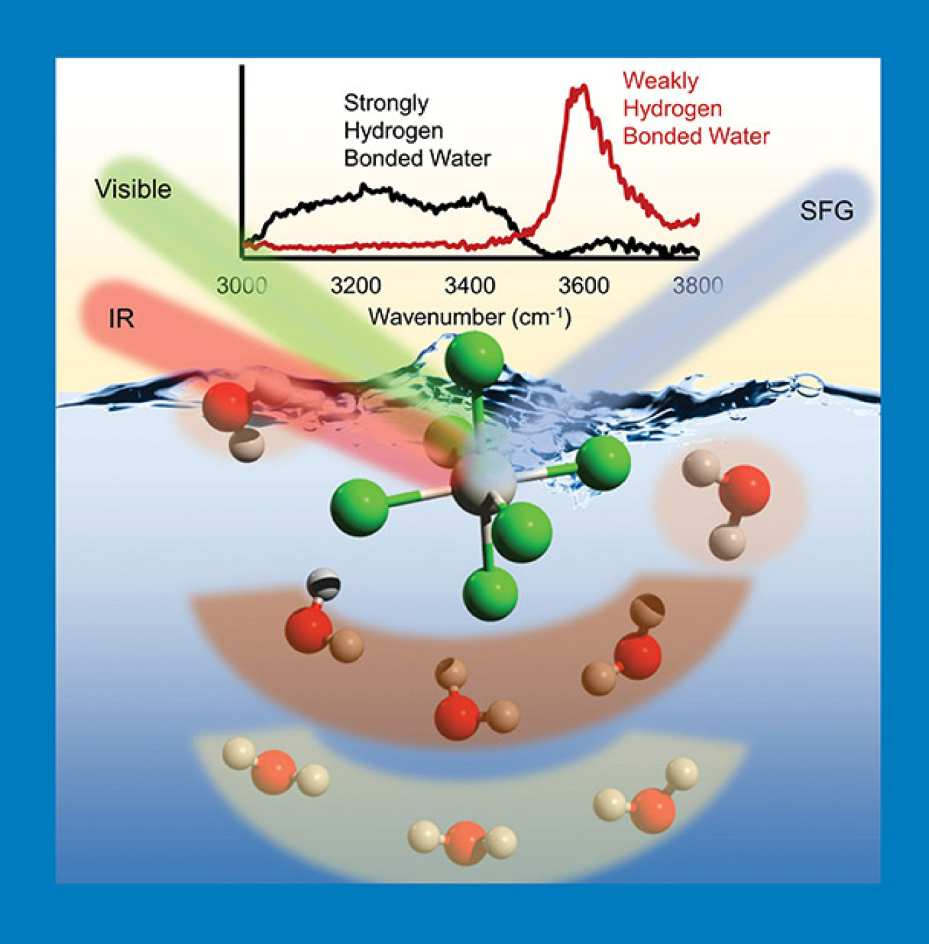 Scientists identified three different types of water molecules surrounding a heavy, anionic metal-chloride complex (bottom) using spectroscopy (top) at an air/water interface.