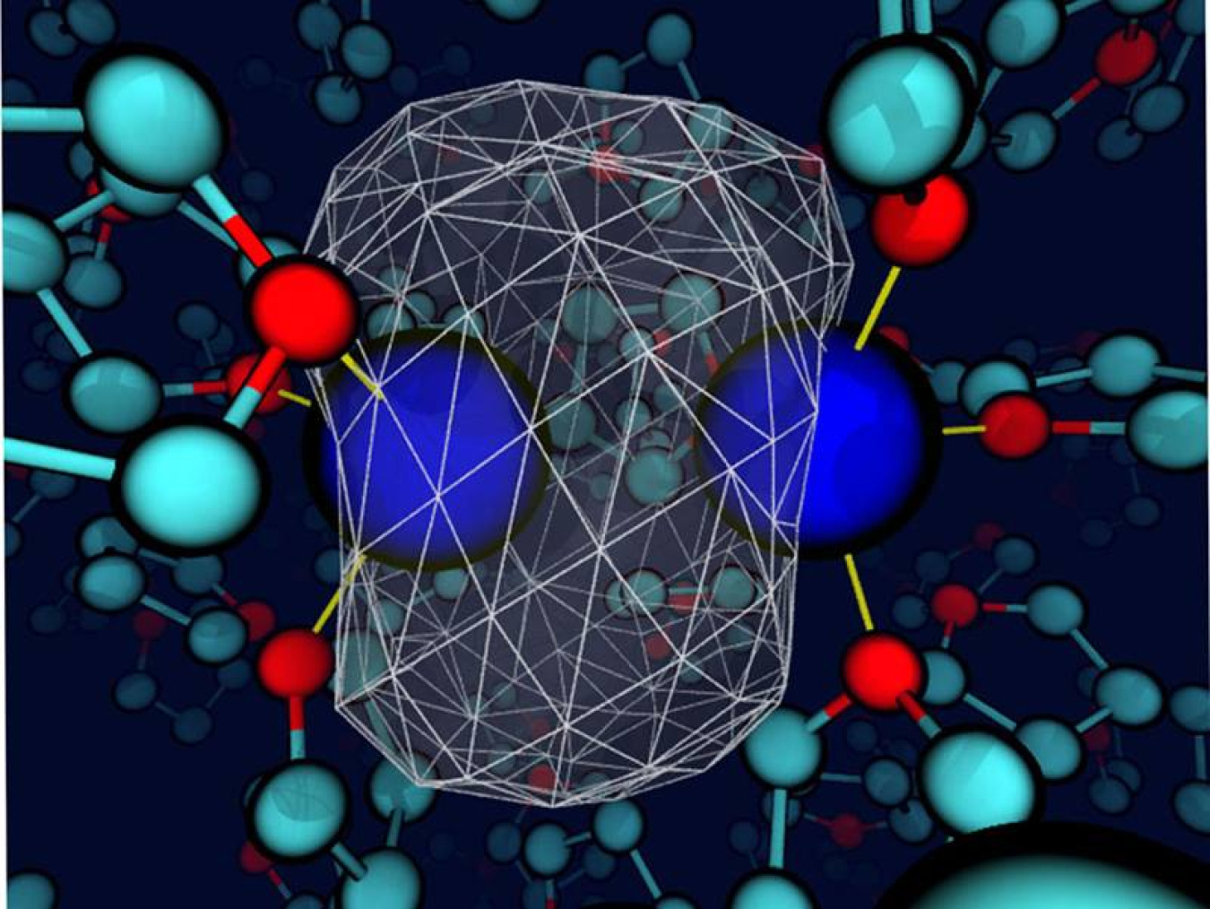 The surrounding tetrahydrofuran solvent deforms the bonding electron density around a sodium solute. The sodium cores are blue spheres; the valence electrons' density is represented as a transparent white surface.  