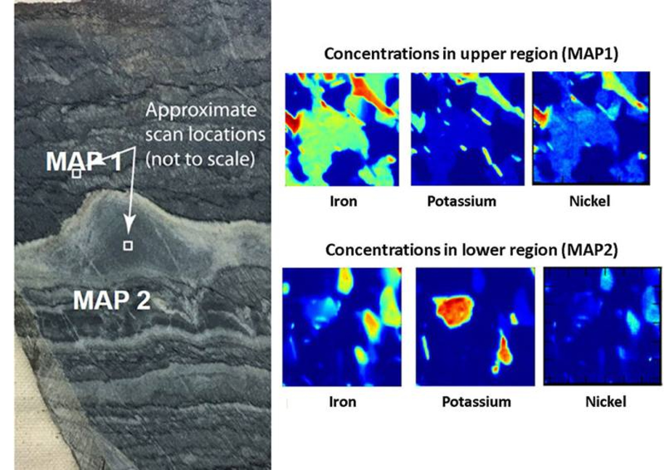 Researchers collected X-ray images from rock samples (left) showing the element distribution. The chemical maps (right) reveal fine-scale chemical and mineralogical variations that weren’t captured in previously published analyses.