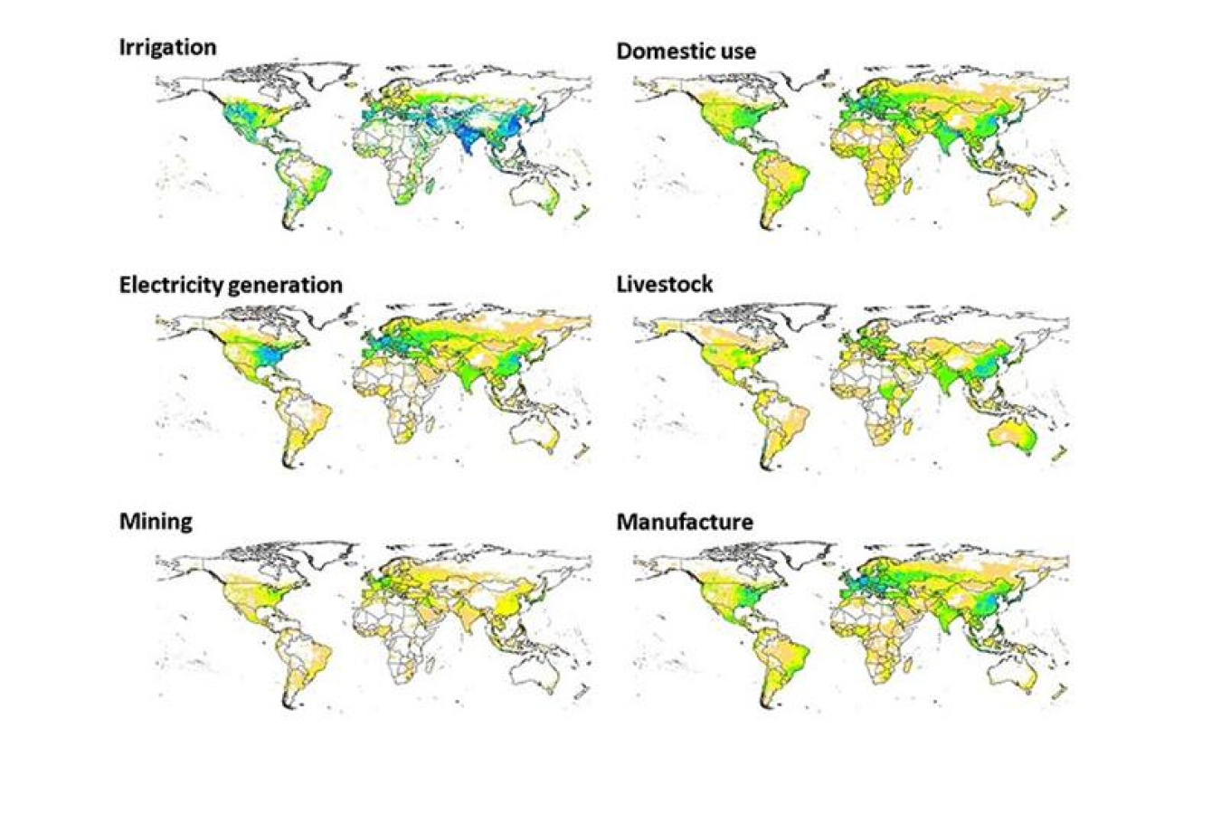 This map is an example from the global gridded data set that shows the spatial distribution of annual mean water withdrawal in six sectors.