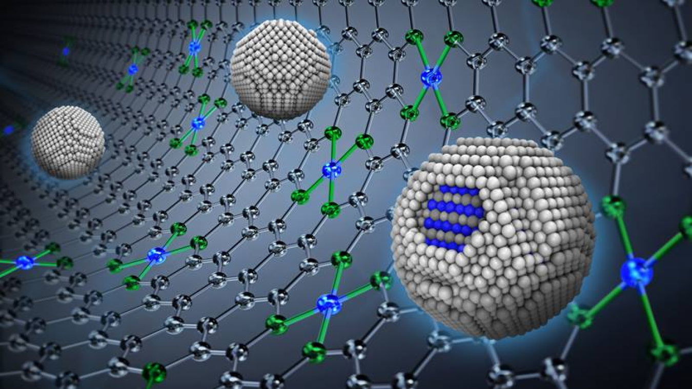 An artistic rendition of the synergistic catalyst showing core-shell active sites (blue) in platinum-cobalt nanoparticles (spheres) on a platinum group metal-free catalytic support.