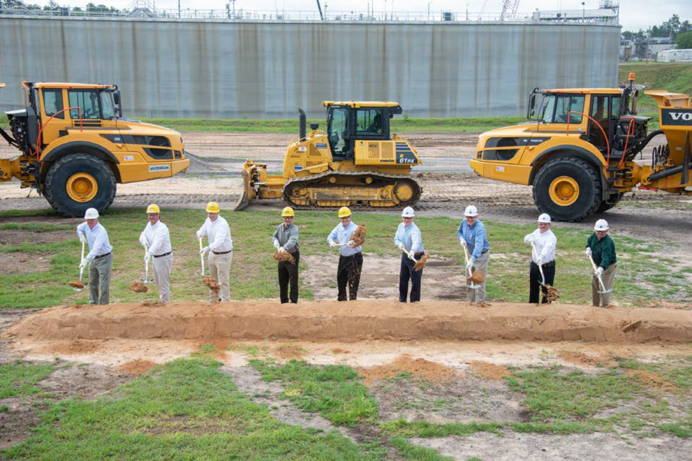Savannah River Site officials break ground on Saltstone Disposal Units 8 and 9. From left Joseph Hughes, BK All American Company Project Manager; Jim McNulty; SRR SDU Construction Manager; Brandon Witt; SRR Construction Manager; Jon Lunn, SRR SDU Program