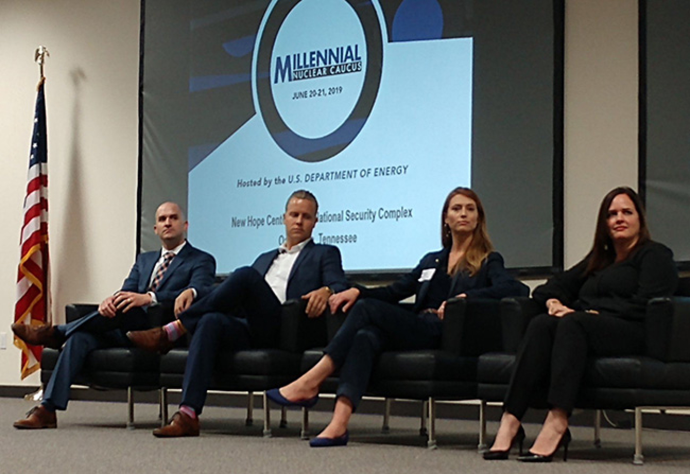 From left, Tommy Morgan of UCOR, Spencer Cline of the Tennessee Valley Authority, Megan Houchin of Consolidated Nuclear Security, and Carmen Bigles of Coqui RadioPharmaceuticals Corp. serve on a panel at the Millennial Nuclear Caucus in Oak Ridge in June.