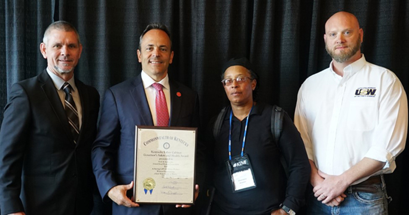 From left, Swift & Staley, Inc. (SSI) Environment Safety & Health Manager John Hobbs; Kentucky Gov. Matt Bevin; SSI Laborer Charmain Shannon; and SSI USW Safety Representative Jason Gilbert.