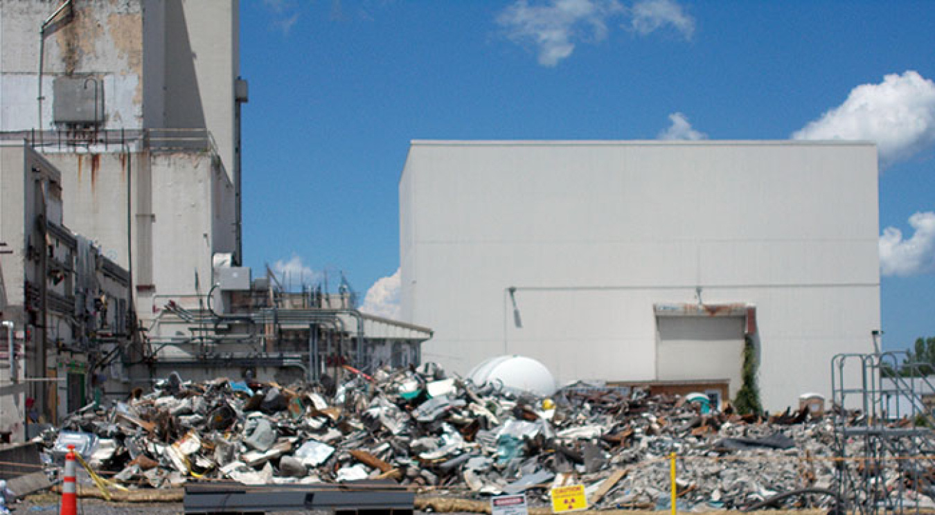A view of debris following completion of demolition of the former utility room extension building.