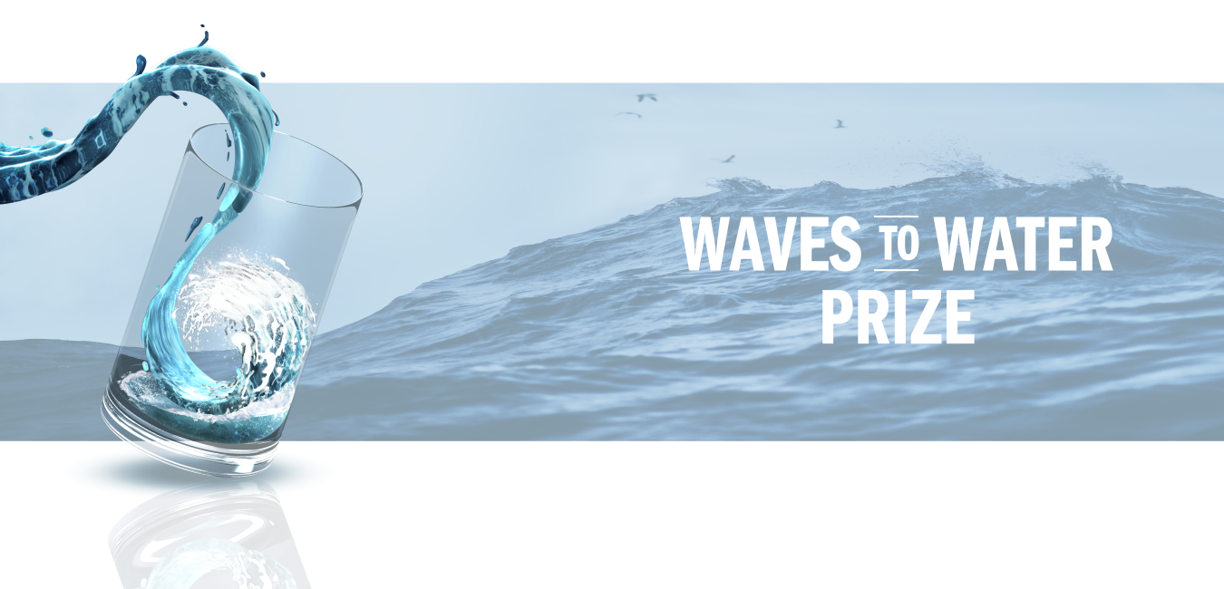 Drinking glass containing an ocean wave with the waves to water logo.