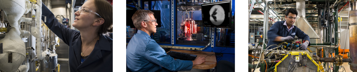 Montage in three panels. Left: Female researcher in blue lab coat and safety glasses adjusting scientific equipment with wrapped components mounted vertically in a case. Center: Male researcher in blue shirt and safety glasses examining black-and-white im