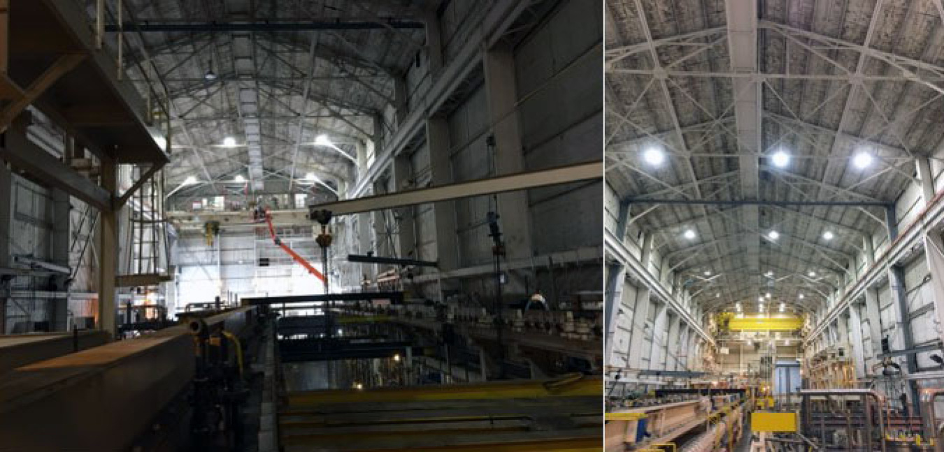 The Savannah River Site’s 717-F building shown before and after lighting renovations.