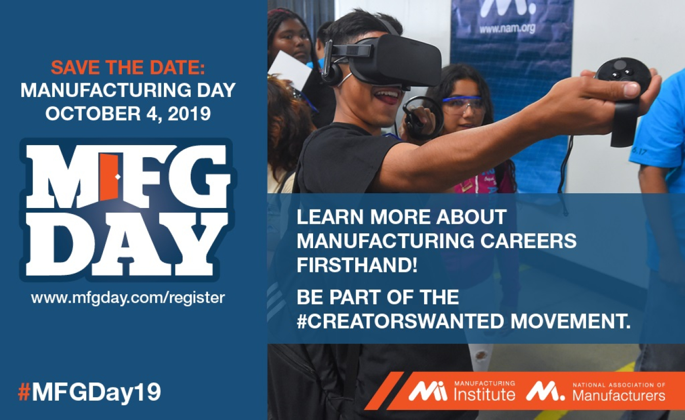 "Save the date - Manufacturing day Oct, 4, 2019." Aside from this text, there is a woman wearing a VR headset.