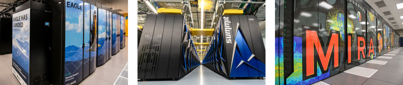 L: a supercomputer with photo of eagle against background of mountains and the words, “The Eagle has landed.” C: Blue and black supercomputer towers with word “Summit.” R: Exterior of supercomputer with colorful images of 3D models and the word “Mira.”