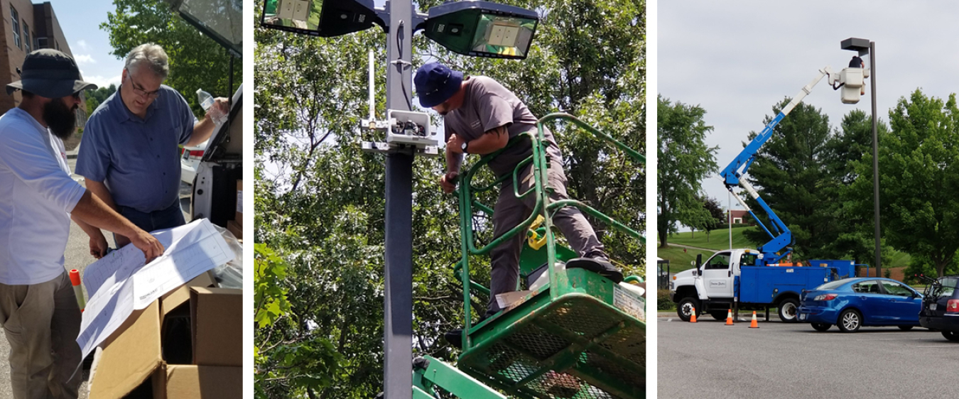 Three photos in a parking lot showing installation of outdoor lighting controls
