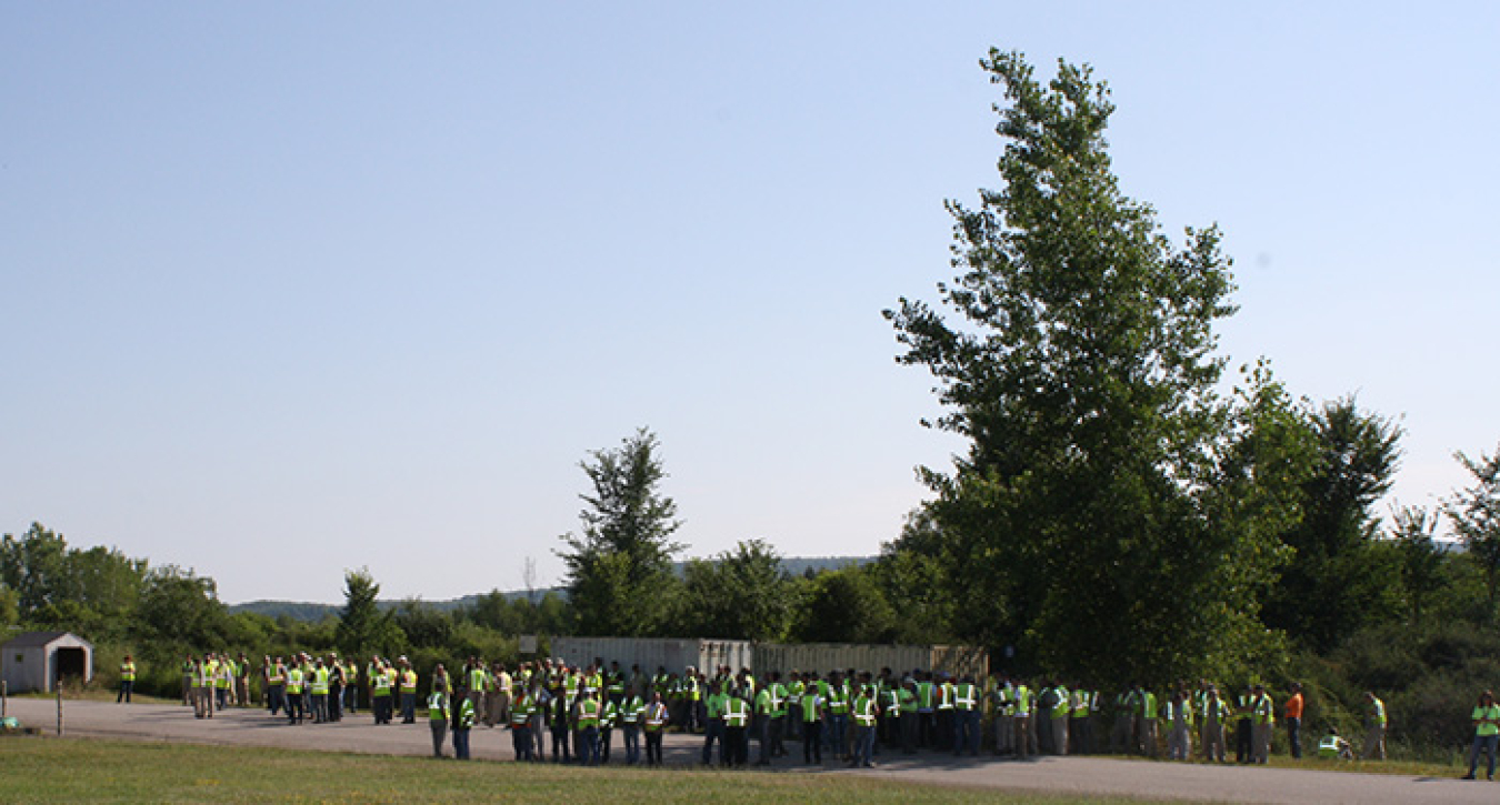 Employees gather in an area of the West Valley Demonstration Project for safety as part of an accountability drill.