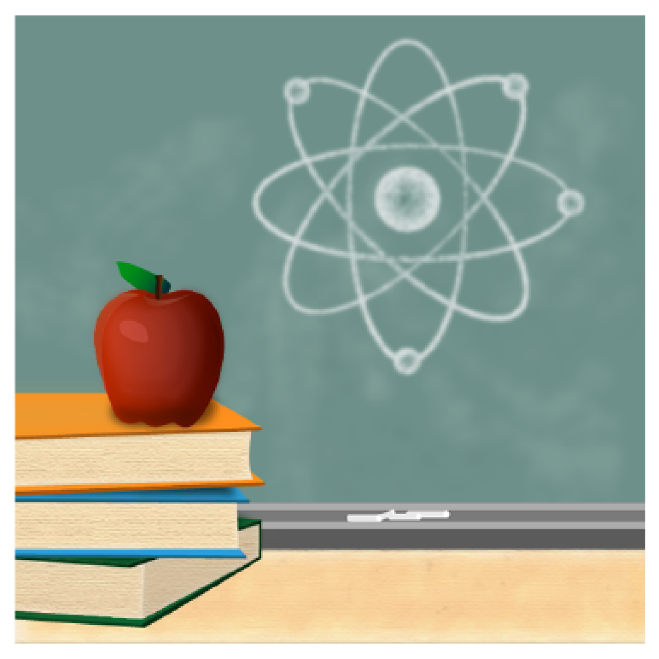 Graphic of a chalkboard with a nuclear symbol on it, and a table in front of it with a stack of books and an apple.