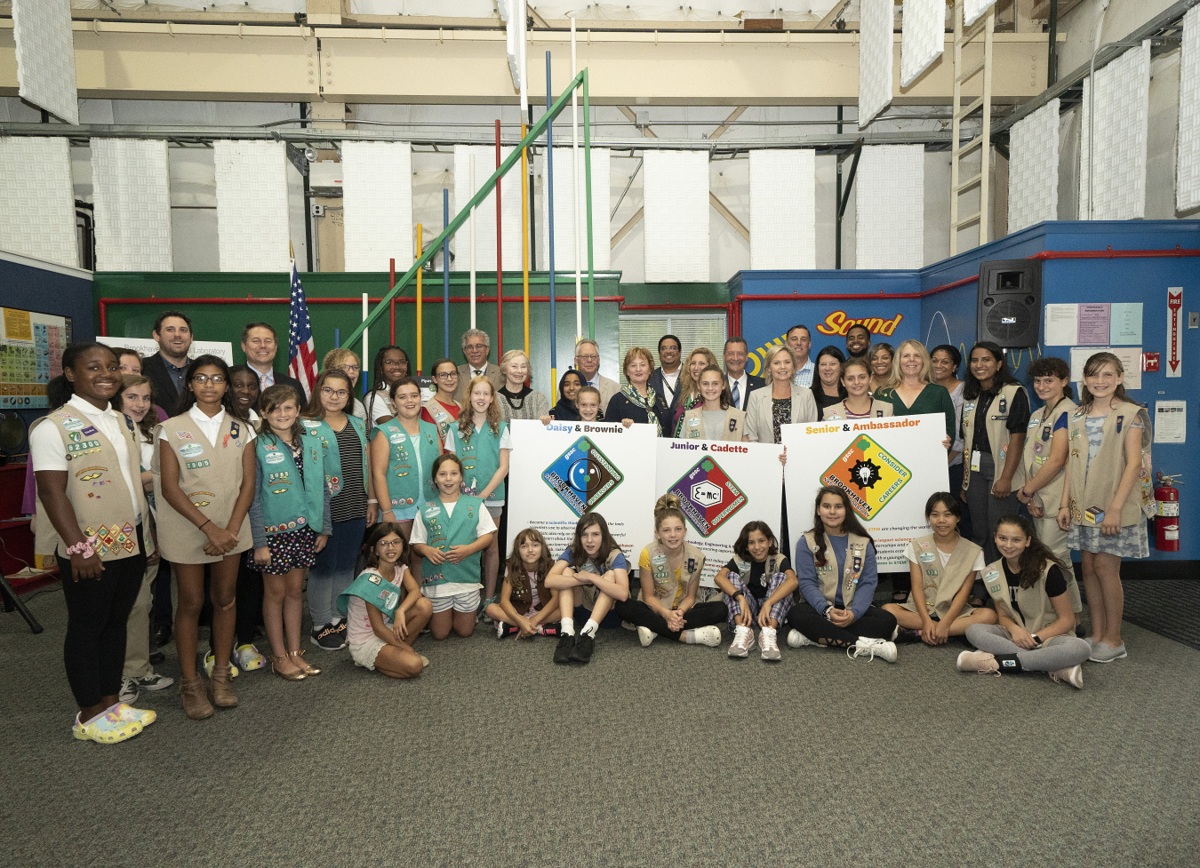 Elected officials, Girl Scouts of Suffolk County's Board of Directors, Girl Scouts of Suffolk County President Yvonne Grant, Girl Scout "shooting stars," and Brookhaven Lab staff celebrated the new patch program with a launch event on Thursday, Sept. 12.