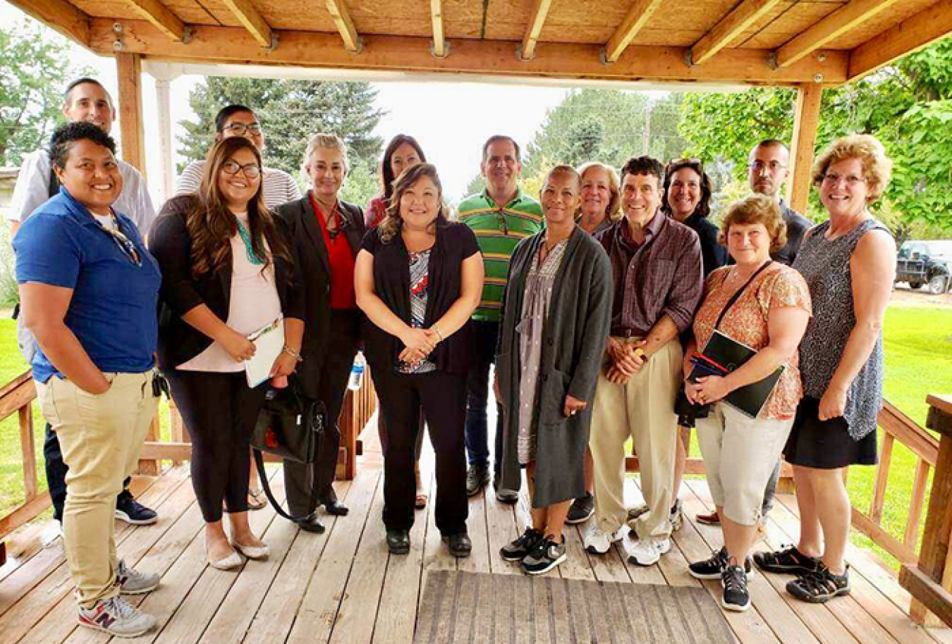 Representatives from DOE, Idaho National Laboratory, Shoshone-Bannock Tribes, 100Kin10, and others gather for a photo after meeting to discuss challenges and opportunities in advancing science, technology, engineering, and math (STEM).
