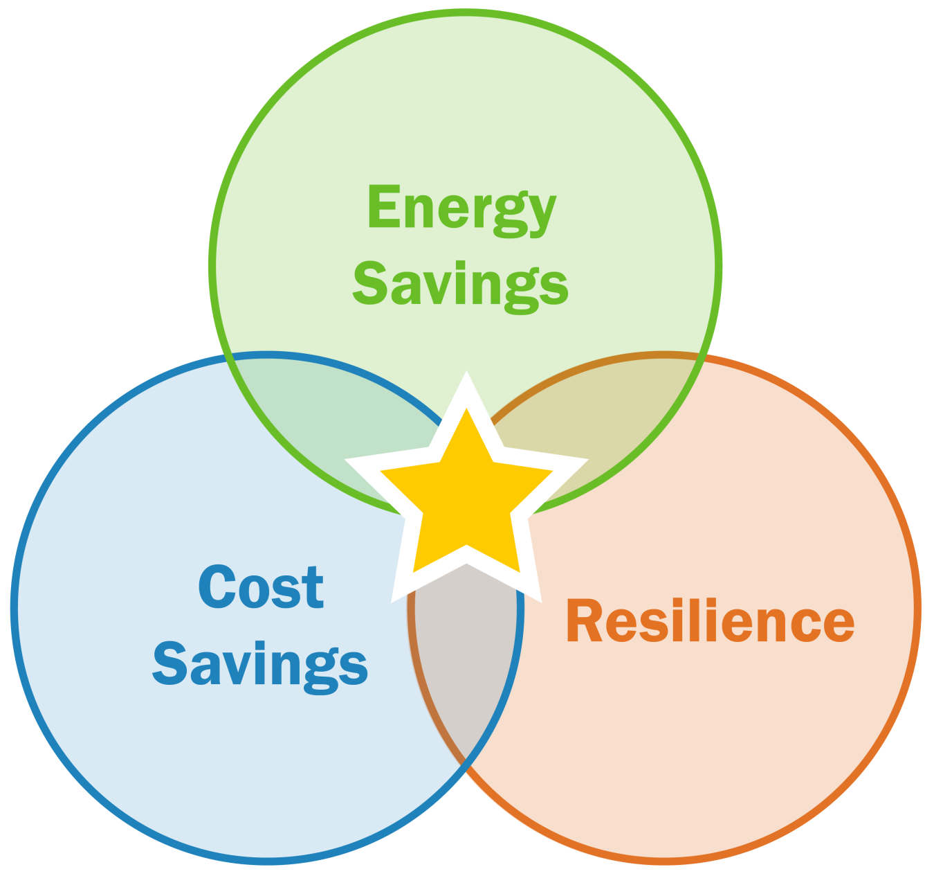 Three intersecting circles which read Energy Savings, Cost Savings, and Resilience.
