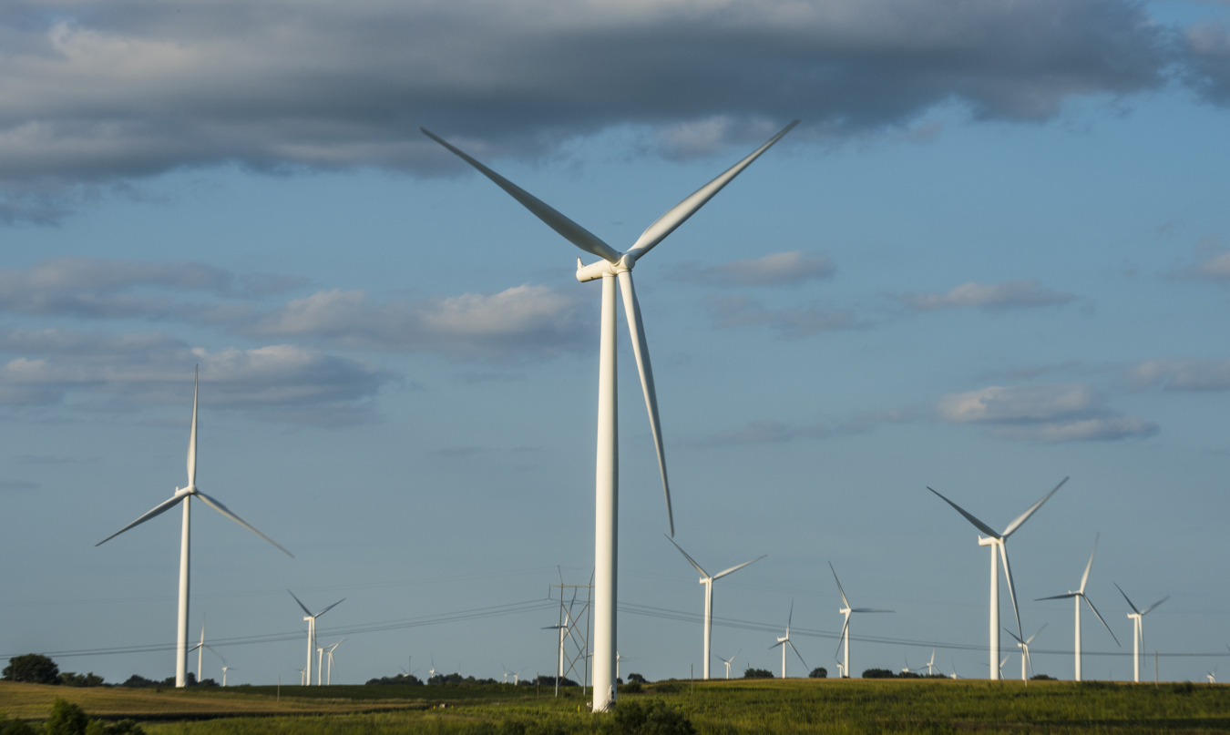 Many wind turbines on a field in Iowa.