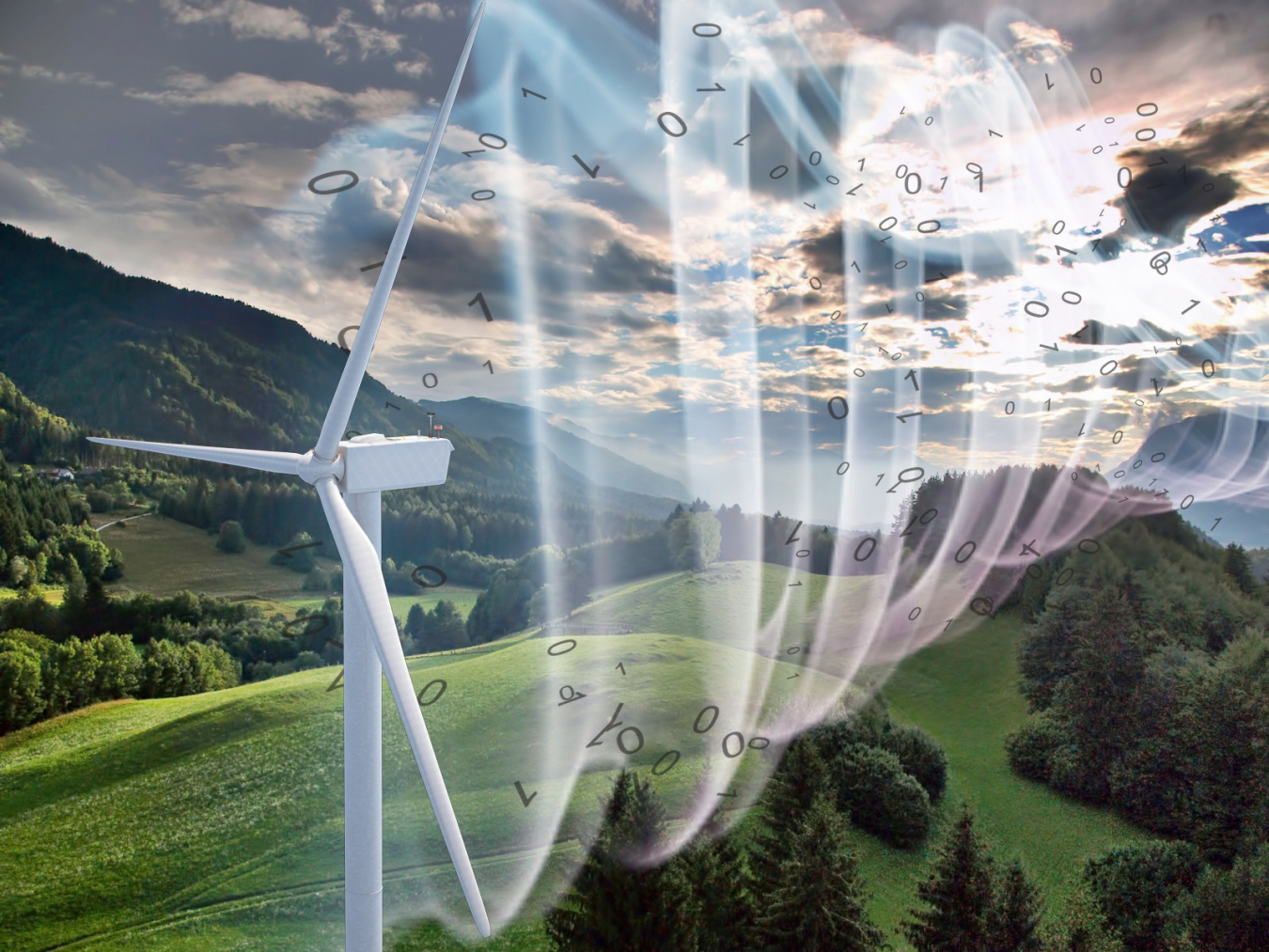 Illustration of wind turbine and wind flow in front of green hills.