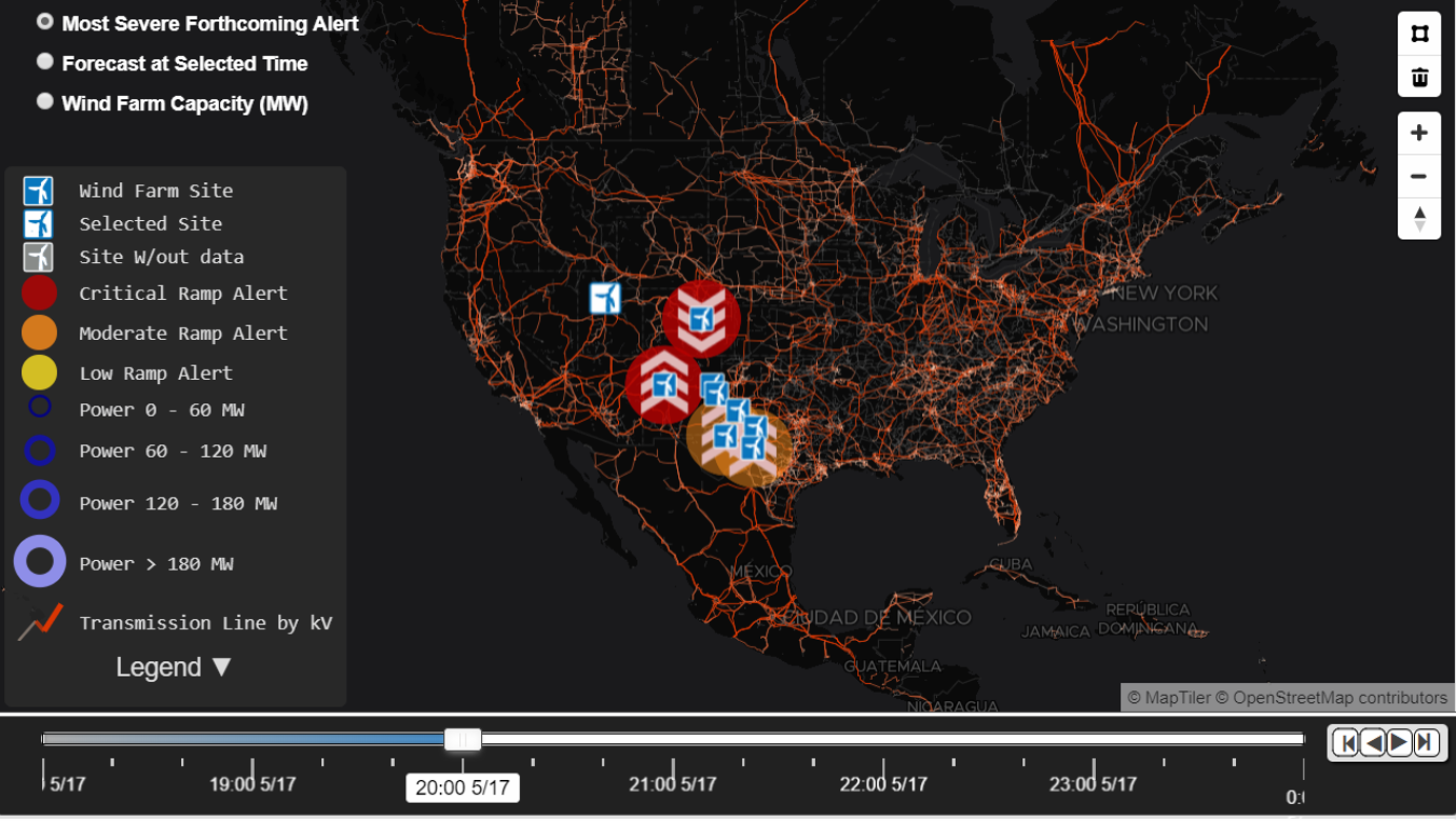 A map with a legend explaining how wind forecasts are overlaid.