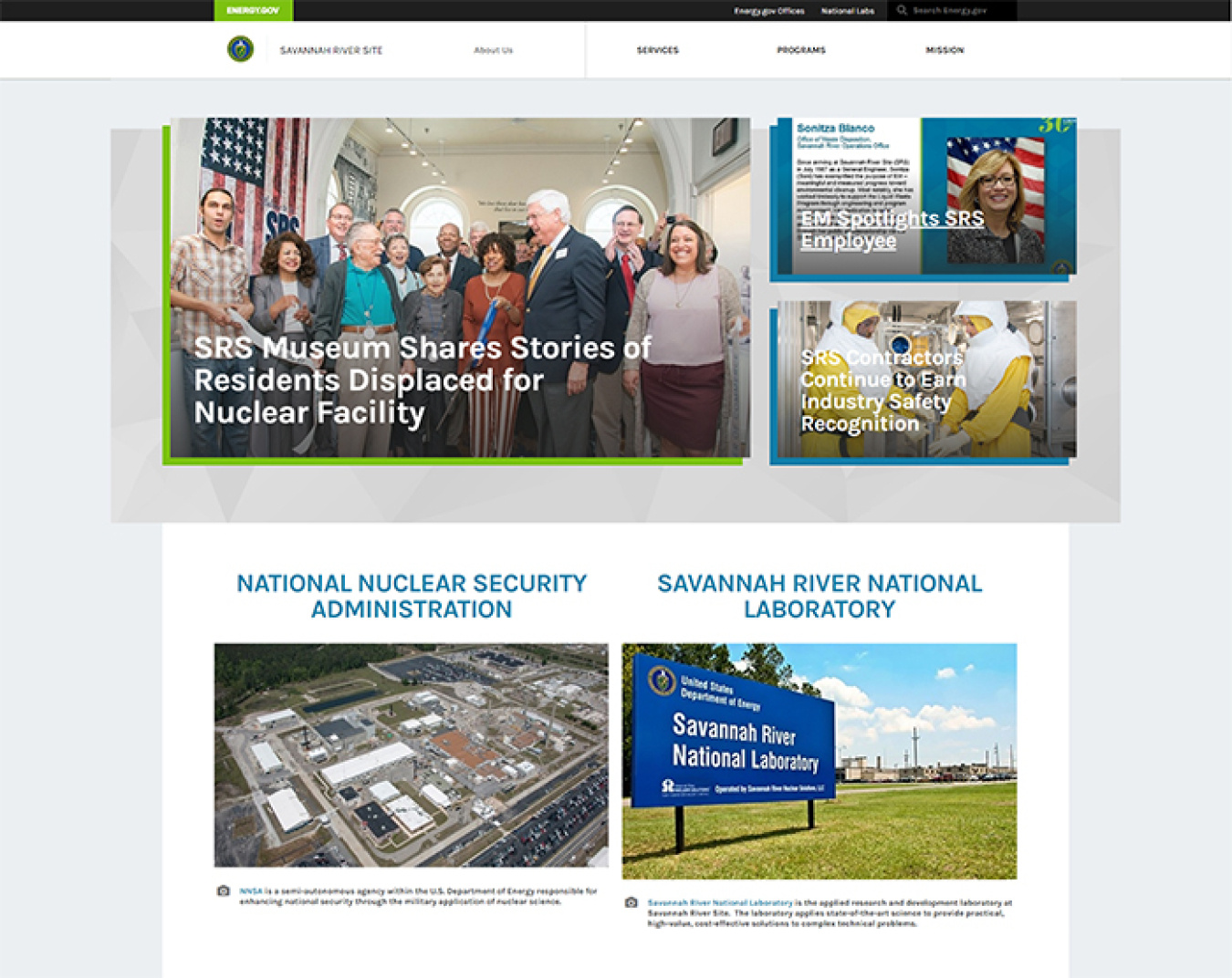 A view of the homepage for the new Savannah River Site website.