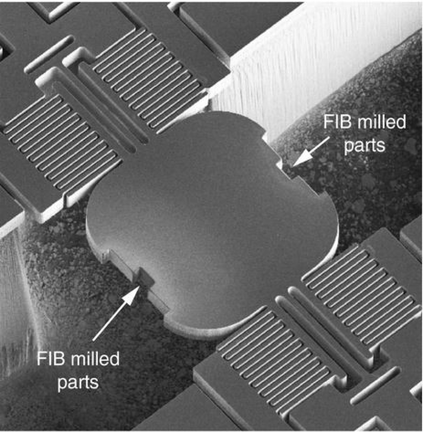Scanning electron microscopy image of a micro-mechanical X-ray mirror after removing mass on either side by focused ion beam (FIB) milling. Removing mass reduces its moment of inertia and increases its resonant frequency. 