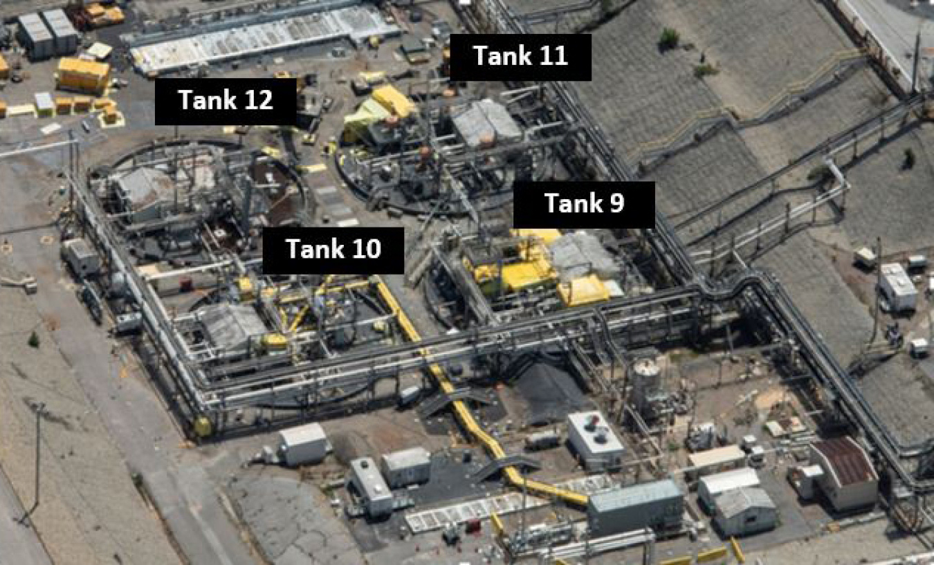 An aerial photo of Savannah River Site tanks nine through 12 in 2019.