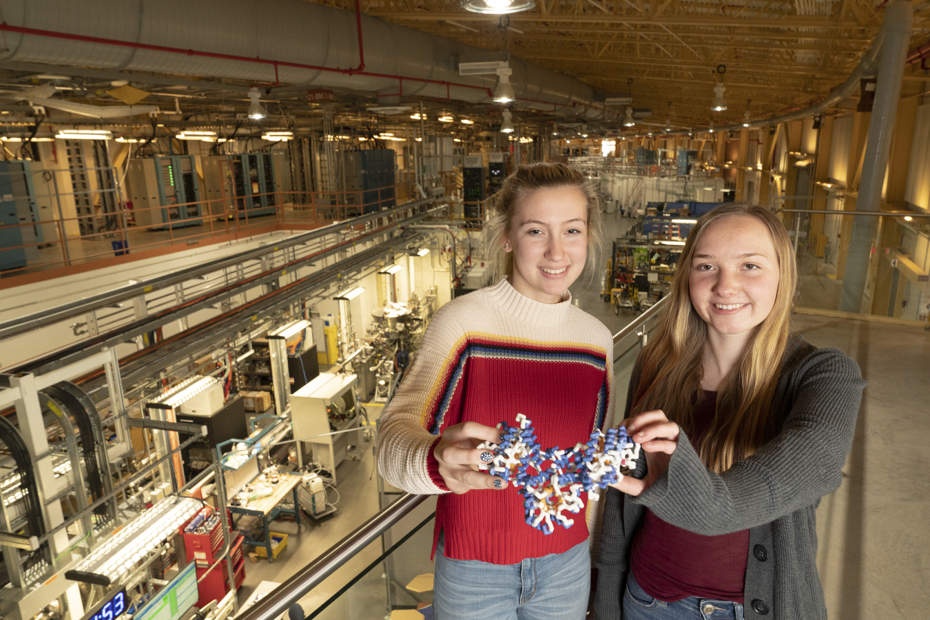 Shelter Island High School students Lauren Gurney and Emma Gallagher with a 3-D model of methylenetetrahydrofolate reductase (MTHFR), a protein involved in a range of diseases whose structure the students solved using x-rays at Brookhaven Lab.