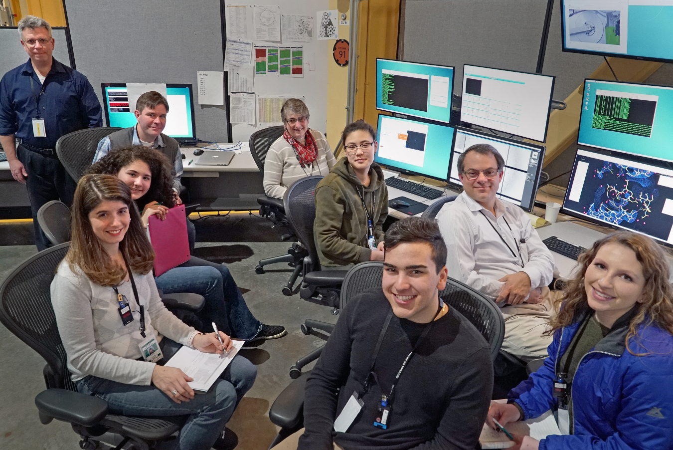 Some of the SPARK students and teachers with Brookhaven Lab staff at NSLS-II's AMX beamline.