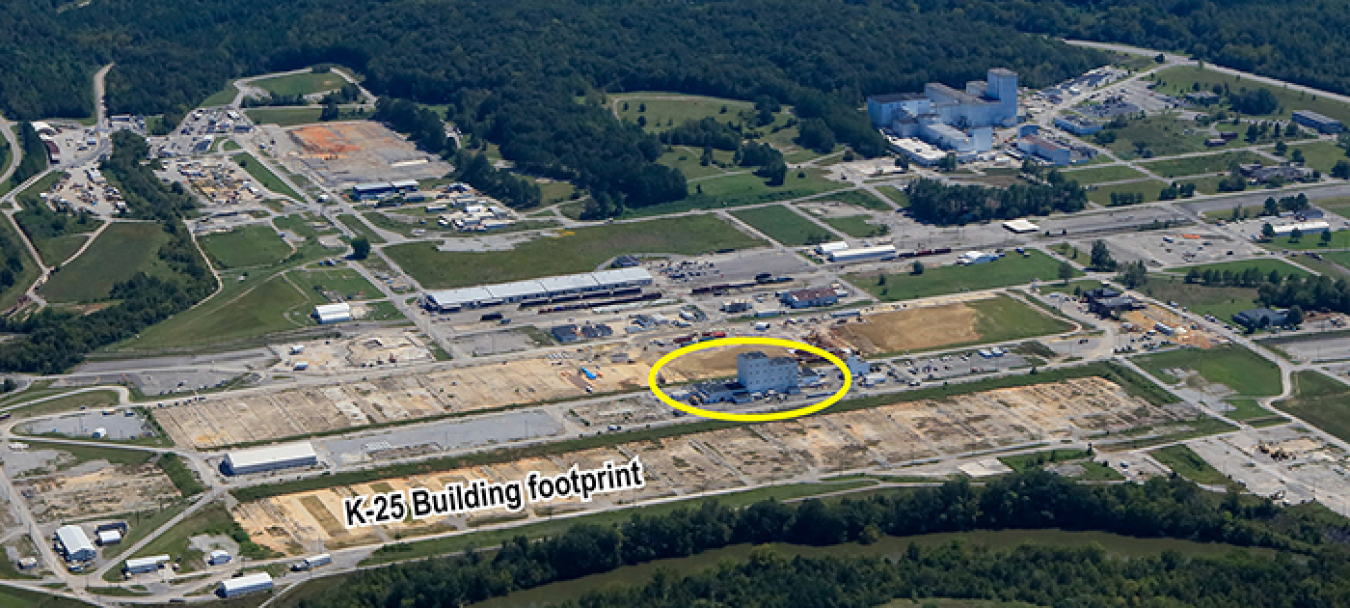Demolishing Building K-1600 will remove risks and increase access to the K-25 Building footprint, which is part of the Manhattan Project National Historical Park. K-1600, highlighted here in yellow, sits at the center of the K-25 Building footprint.