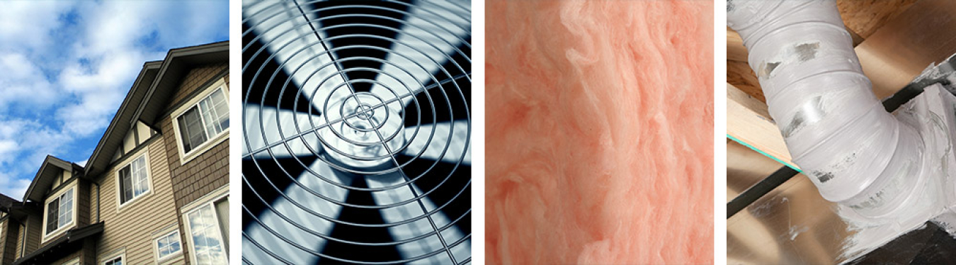 Four images of a home, fan, insulation, and duct.