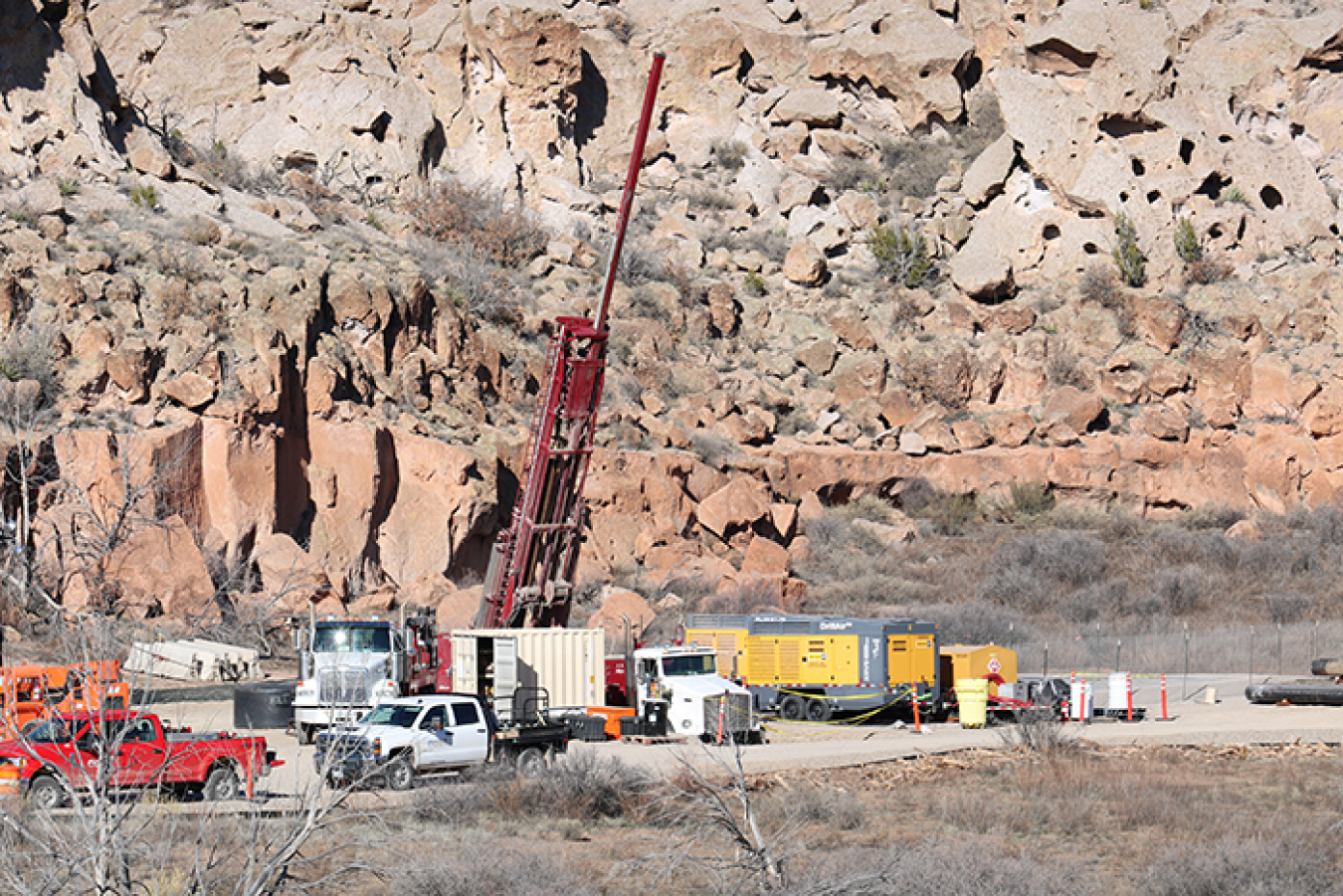 Workers with Newport News Nuclear BWXT-Los Alamos drill a well to monitor the chromium plume underneath Mortandad Canyon at Los Alamos National Laboratory.