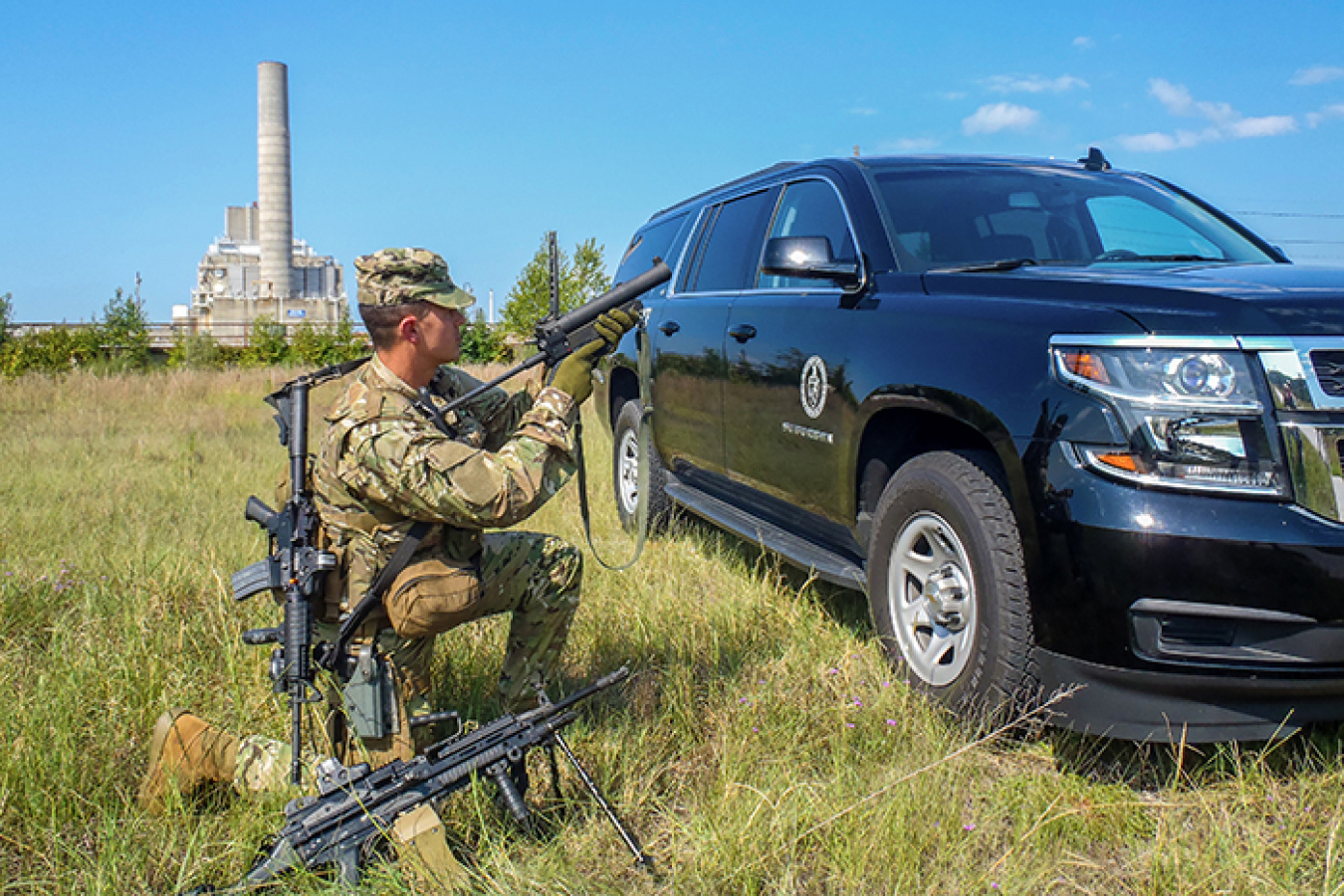 A Centerra-SRS employee simulates deployment of state-of-the-art weaponry at the Savannah River Site.