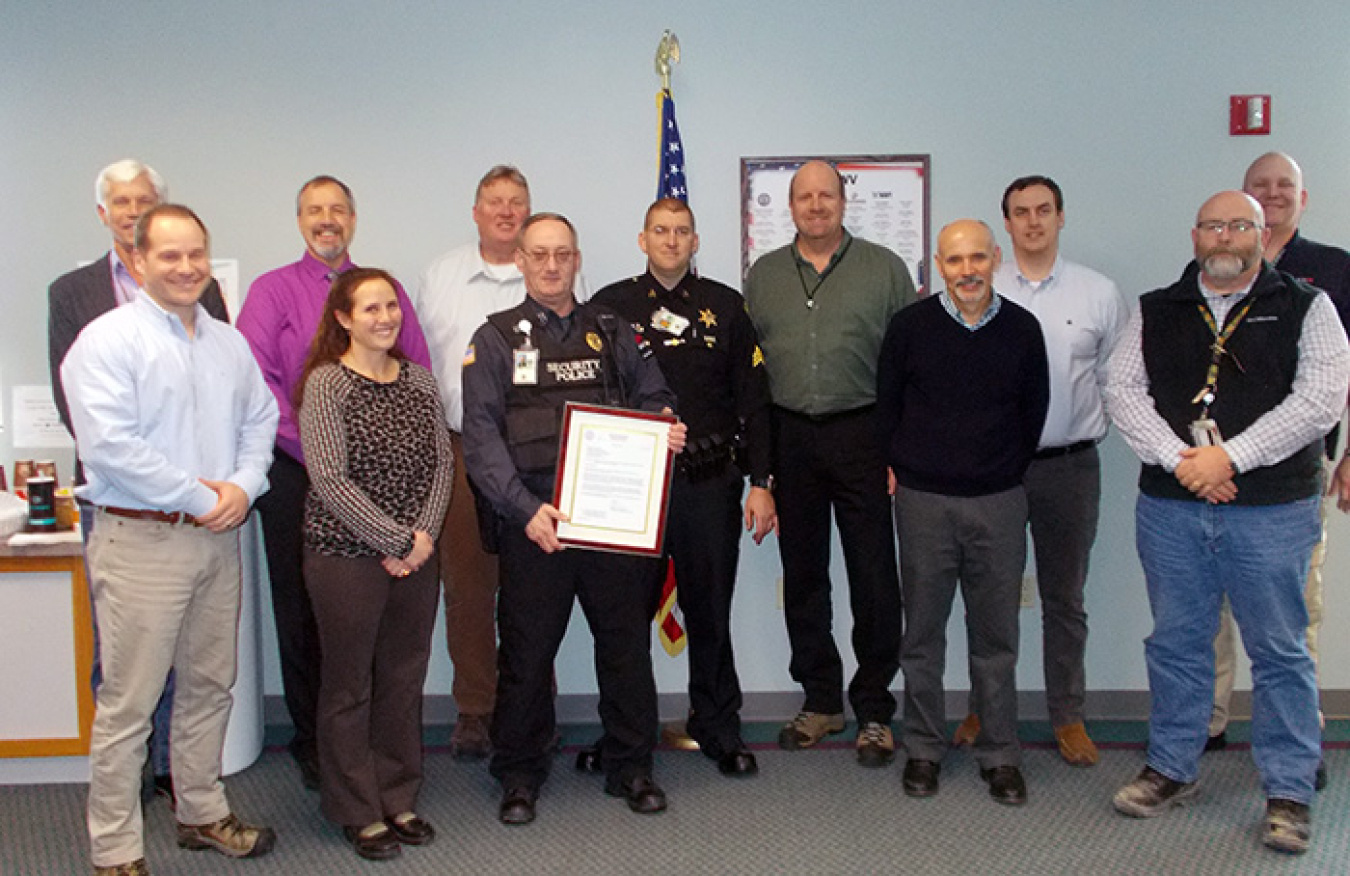 Representatives of EM West Valley Demonstration Project (WVDP) and CH2M HILL BWXT West Valley (CHBWV) recognized Capt. James Madden for his lifesaving response to Cattaraugus County Sheriff’s Office Sgt. Jason Dry.