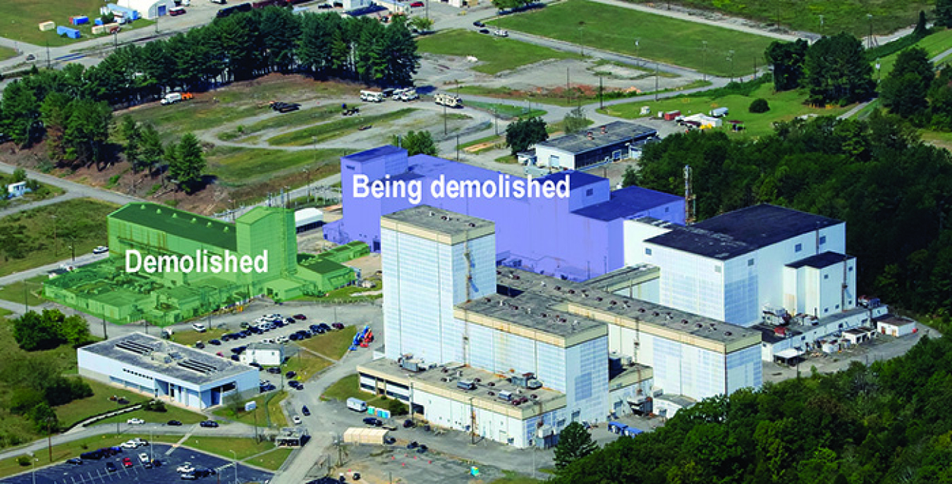Workers have begun taking down the second of four sections of the Centrifuge Complex at Oak Ridge. Completing this project will move EM closer to its goal of finishing all major demolitions at the East Tennessee Technology Park by the end of the year.