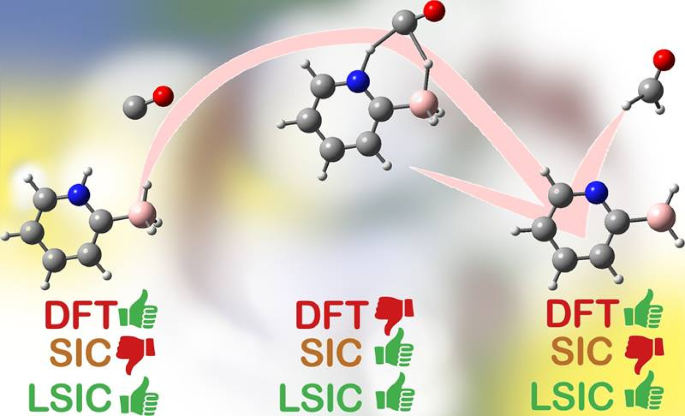 Density functional theory (DFT) creates models of stable molecules (left, right). It needs self-interaction correction (SIC) for stretching and breaking chemical bonds (center), but SIC reduces accuracy on stable molecules. LSIC works for all situations.