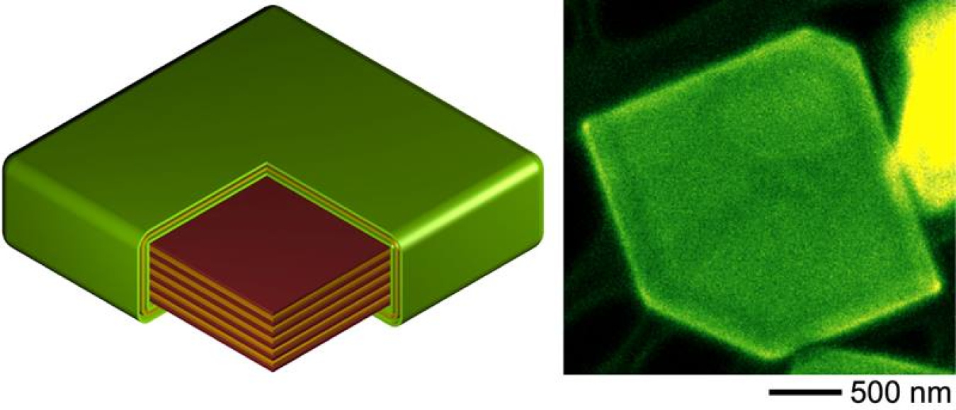 Exposure of tin to sulfur produces a layered, fast-growing tin sulfide core (brown) surrounded by a thin tin disulfide shell (green). An electron microscope that can detect light transmitting particles (photons) revealed intense light from the edges.
